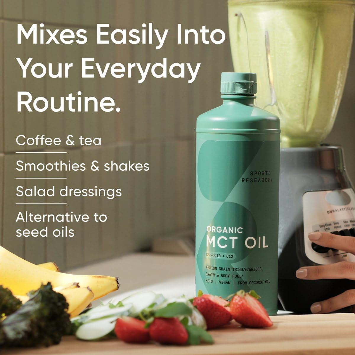 Sports Research Organic MCT Oil - Keto & Vegan Mcts C8, C10, C12 from Coconuts - Fatty Acid Brain & Body Fuel, Non-Gmo & Gluten Free - Flavorless Oil, Perfect in Coffee, Tea & Protein Shakes - 32 Oz