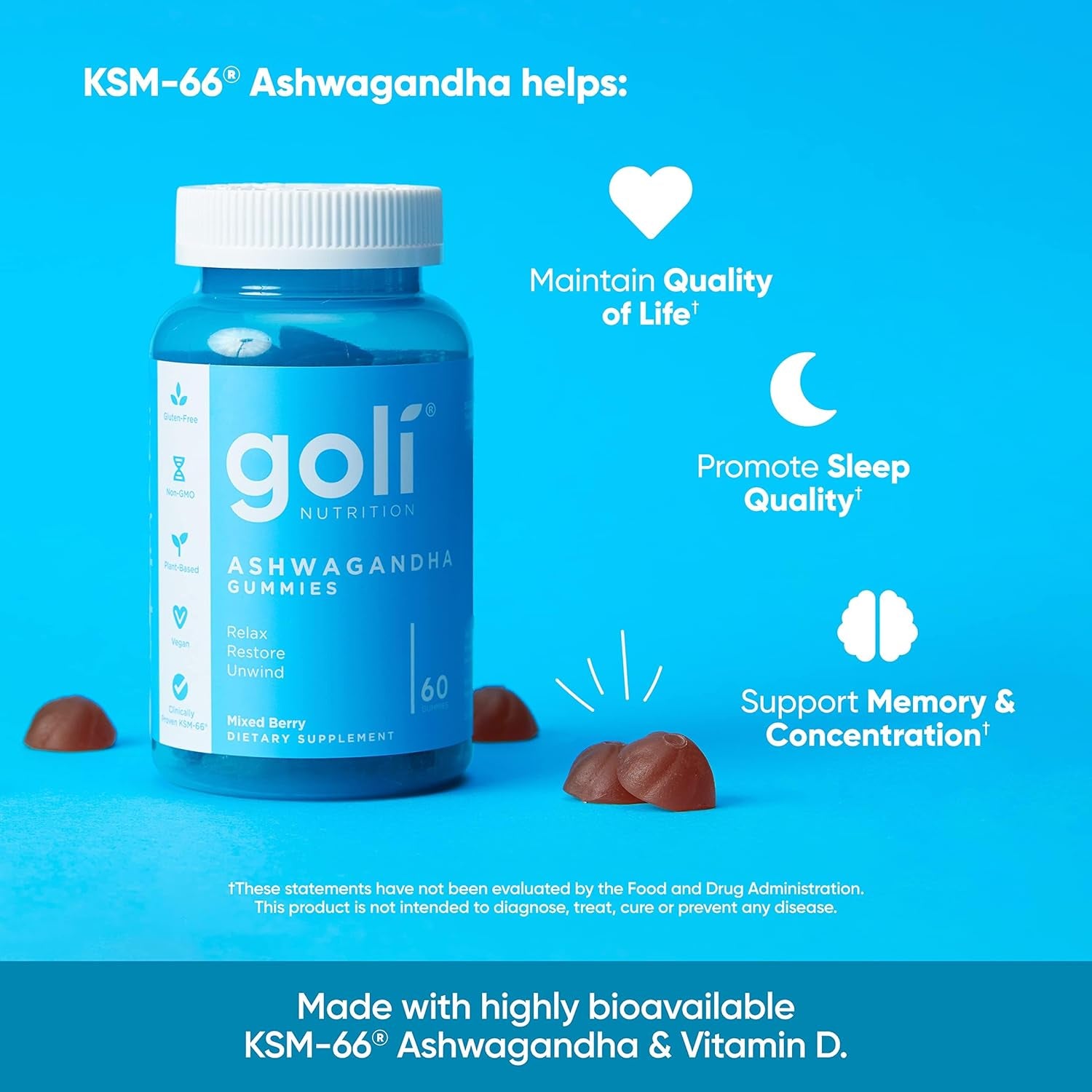 Goli Ashwagandha & Vitamin D Gummy - 60 Count - Mixed Berry, KSM-66, Vegan, Plant Based, Non-Gmo, Gluten-Free & Gelatin Free Relax. Restore. Unwind, Pack of 1