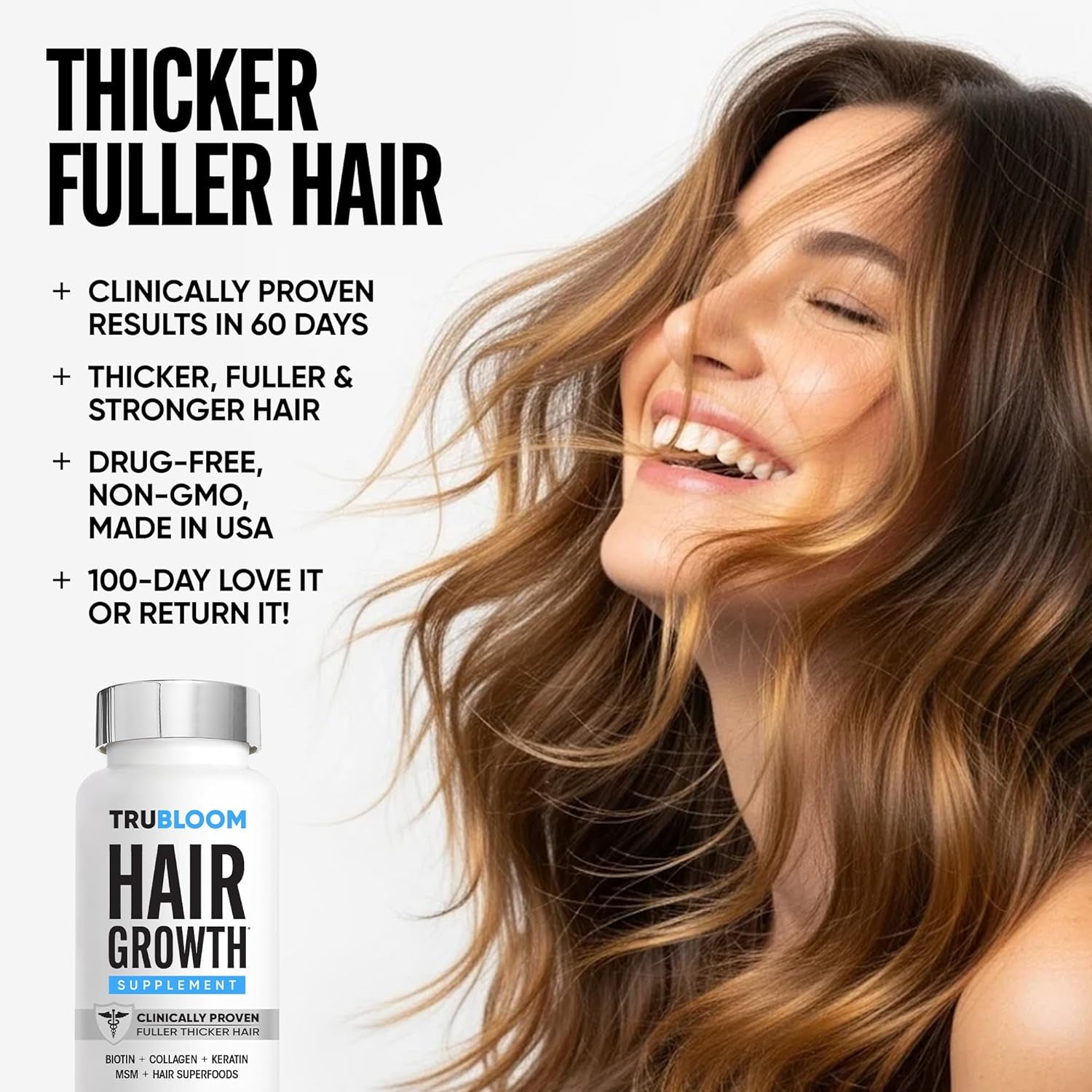 TRU BLOOM Hair Growth Vitamins – 2 Month Supply | Clinically Proven & Dermatologist-Tested for Fuller, Thicker Hair | Biotin, Collagen, Keratin, MSM, Zinc & Vitamin D3