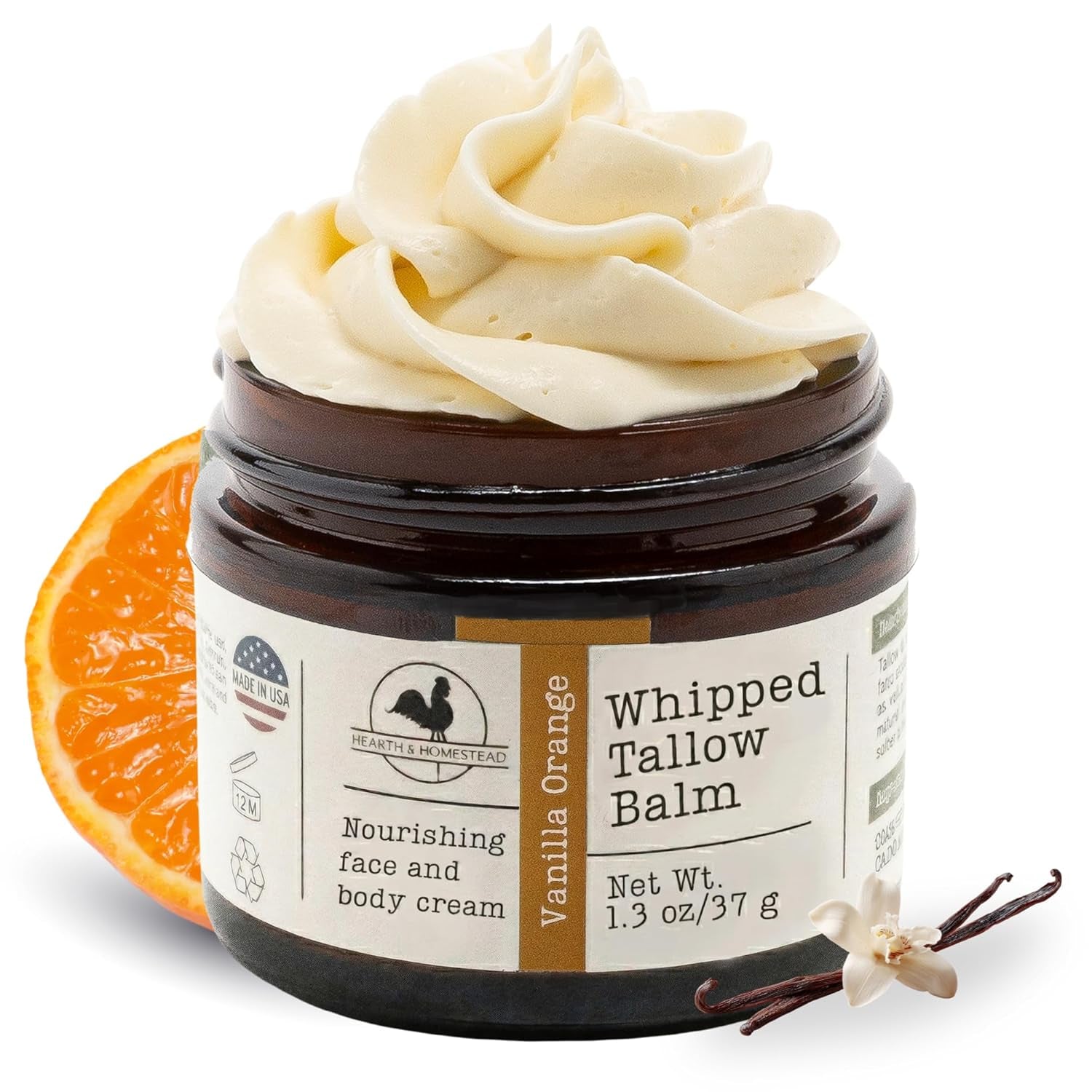 Hearth & Homestead Whipped Grass-Fed Beef Tallow Balm – 37g | Organic Olive Oil, Calendula & Rose | Vanilla Orange | Dry Skin, Face & Body Moisturiser