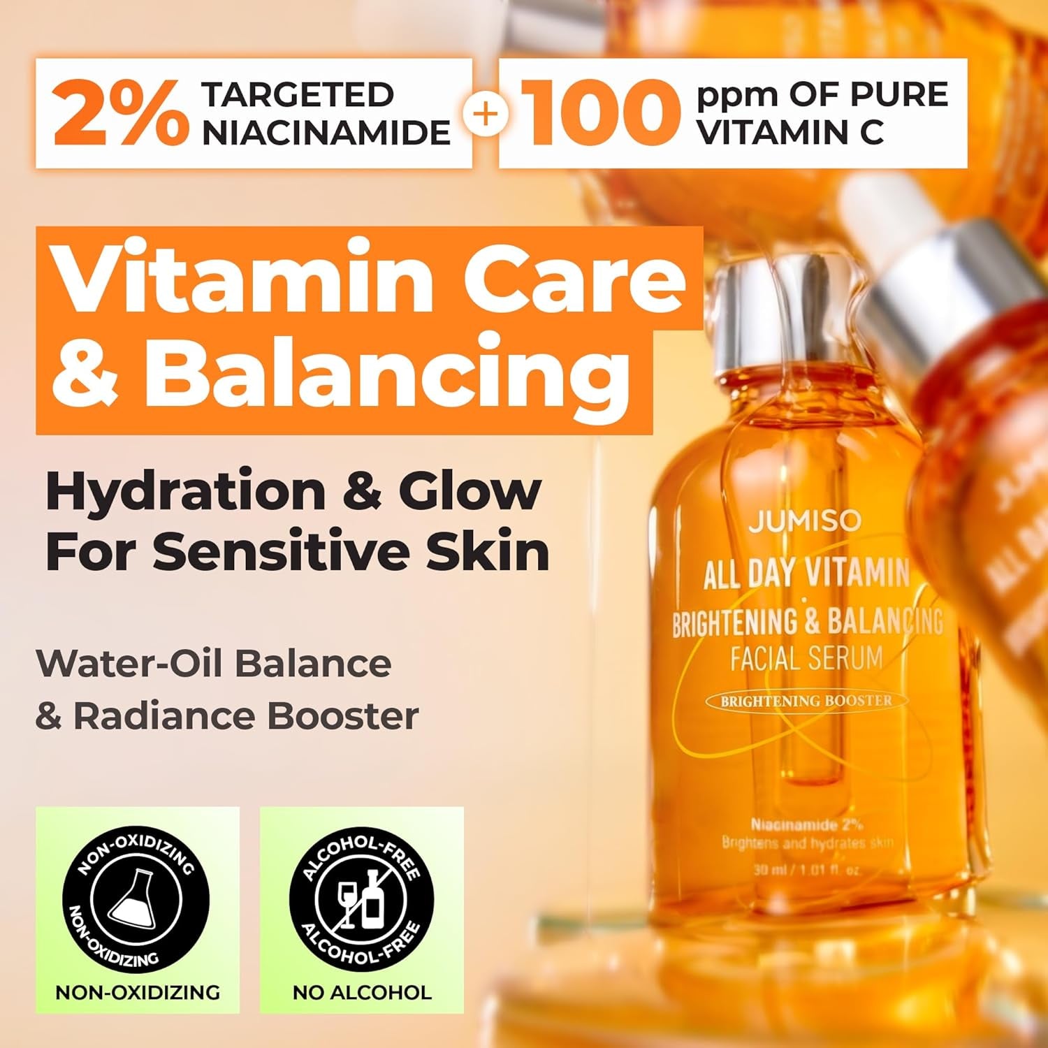 JUMISO All Day Vitamin Serum, Brightening & Balancing Facial Serum, Gift, Vitamin C, A, B, D, E , Serum with Vitamin, Korean Skincare, Skin Brightening, Soothing, Vegan Serum, Vitamin Tree Extract 86.14%, Niacinamide 20,000Ppm,1.01 Fl Oz (Serum)