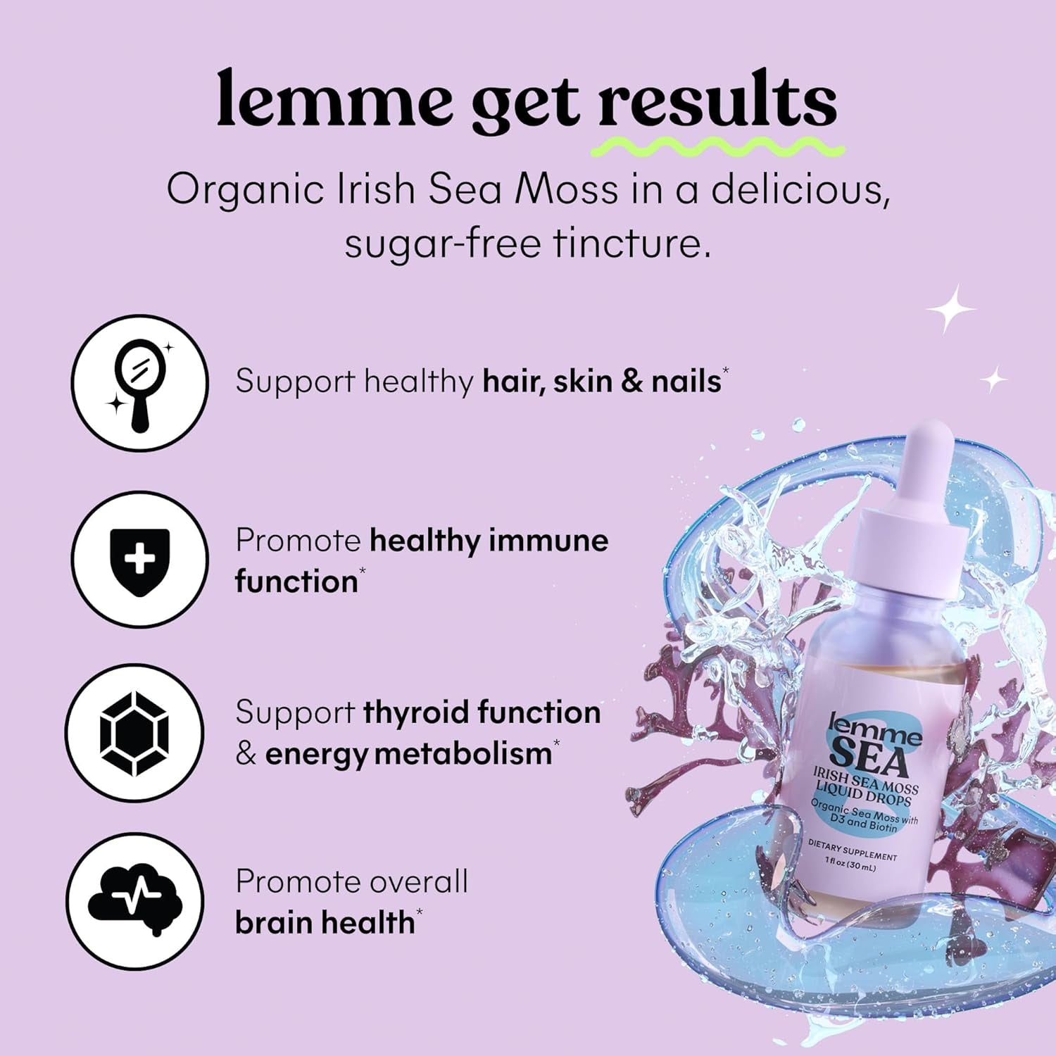 Irish Sea Moss Organic Liquid Drops with Vitamin D3 and Biotin for Trace Mineral Support, Immunity, Hair, Skin & Nails, Brain Health - Gluten & Sugar Free, Non GMO, 1 Oz, 30 Servings