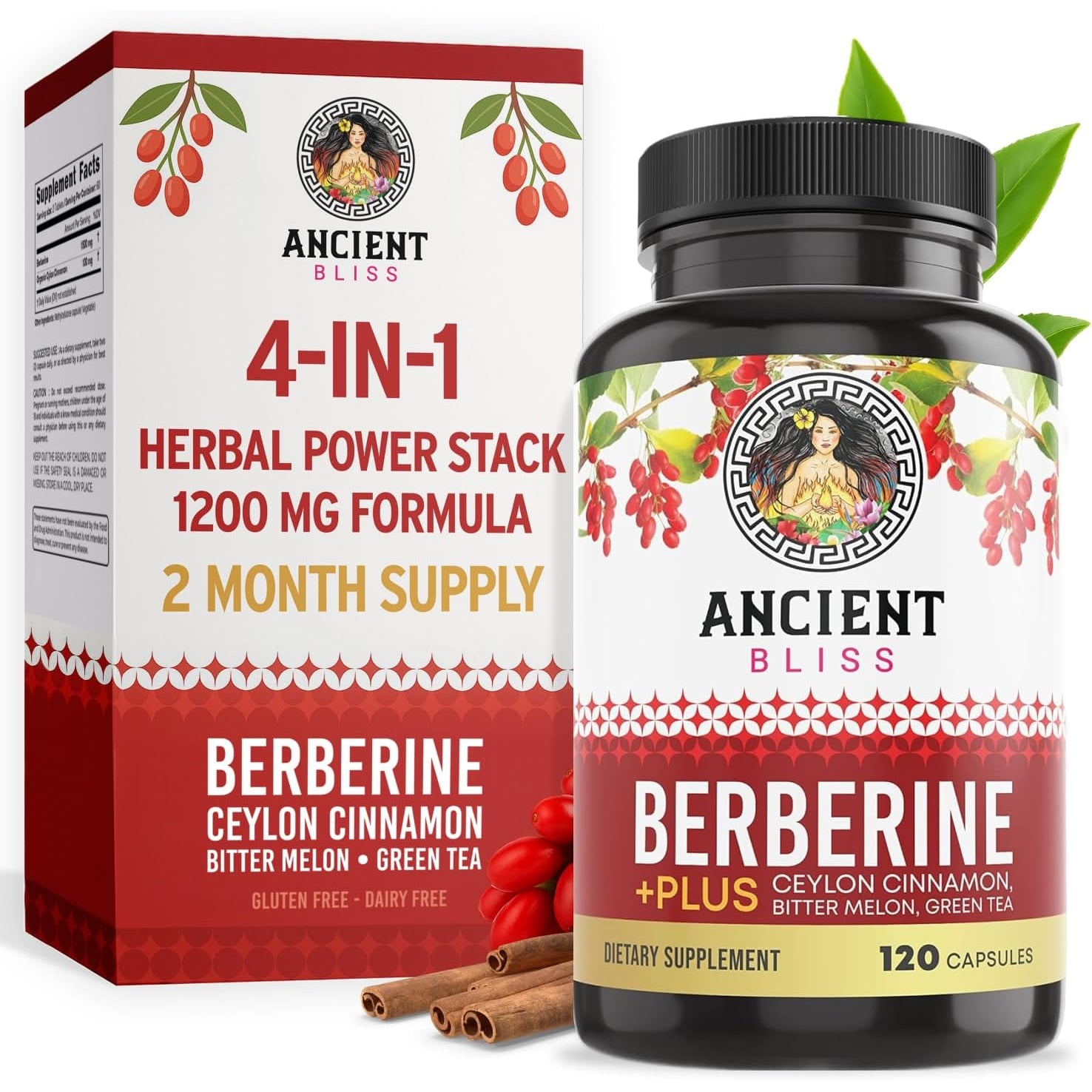Ancient Bliss Berberine HCL 1200Mg with Ceylon Cinnamon, Bitter Melon, and Green Tea Extract - 120 Capsules