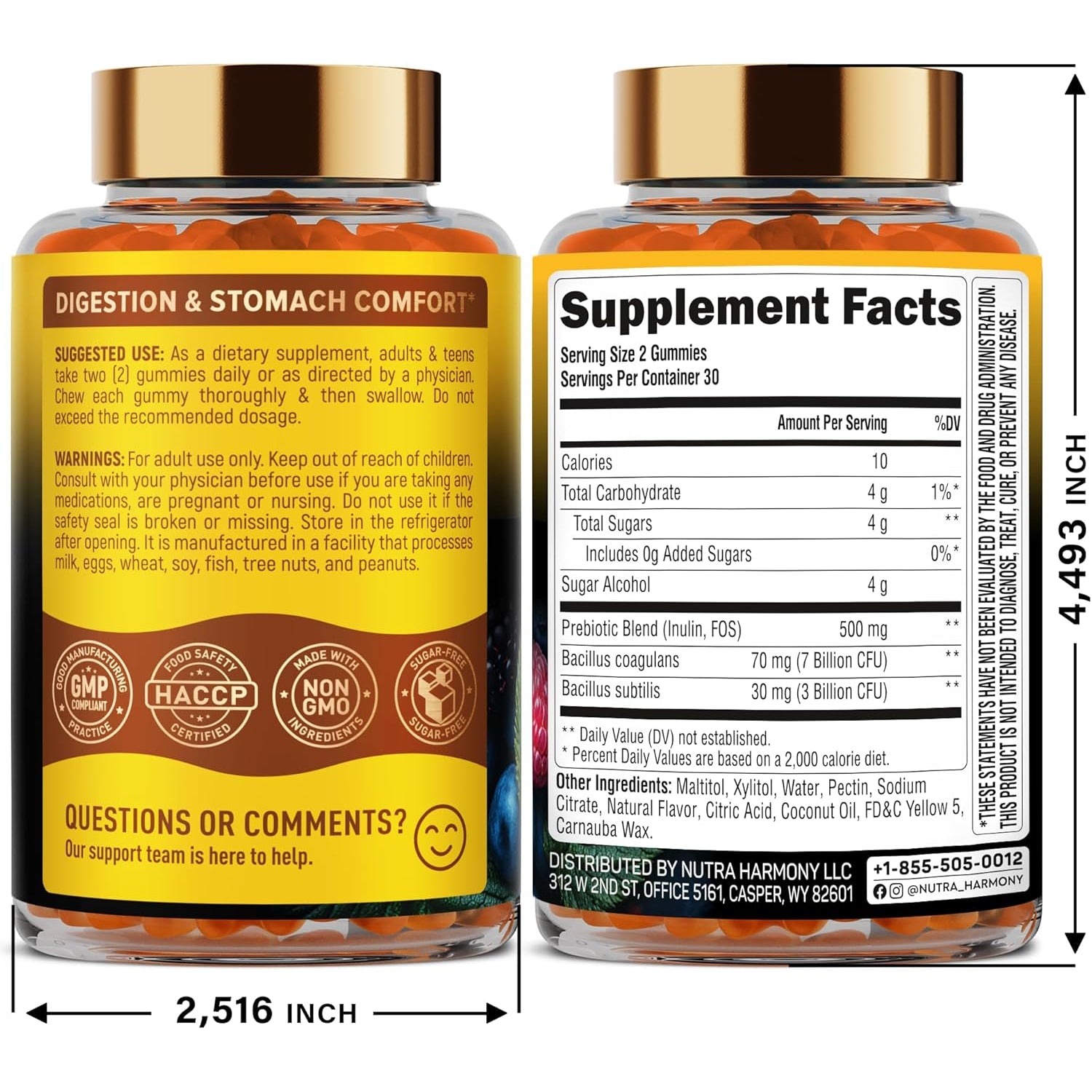 NUTRAHARMONY Probiotic Gummies — 60 Count | 10 Billion CFU with Prebiotic Fibre | Gut Health & Digestive Balance Support