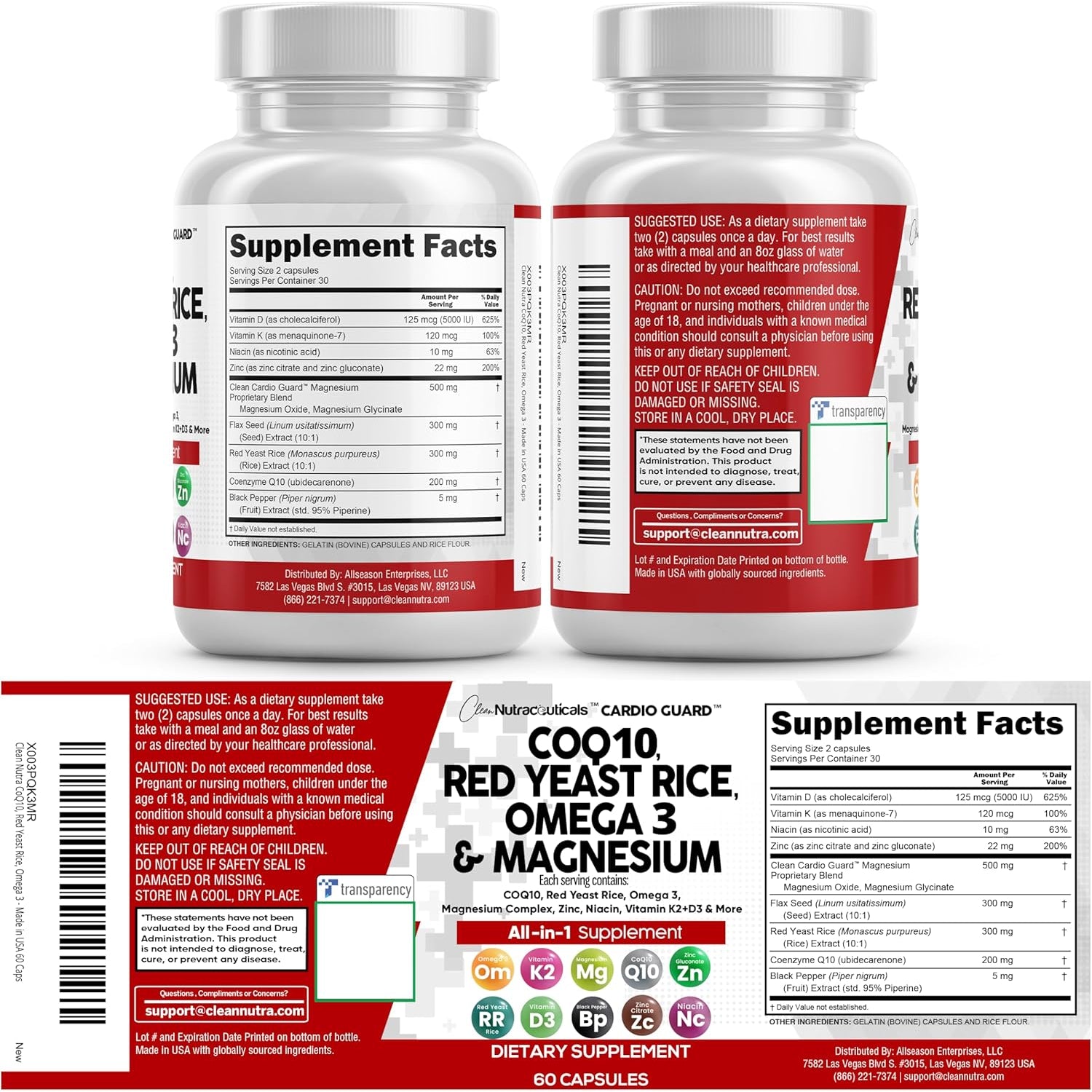 Clean Nutraceuticals COQ10 200Mg Red Yeast Rice Omega 3 Magnesium Complex 500Mg Niacin Zinc Vitamin K2 D3 - Heart Support Vitamins for Women & Men W/Vitamin B3, Coenzyme Q10-60 Ct