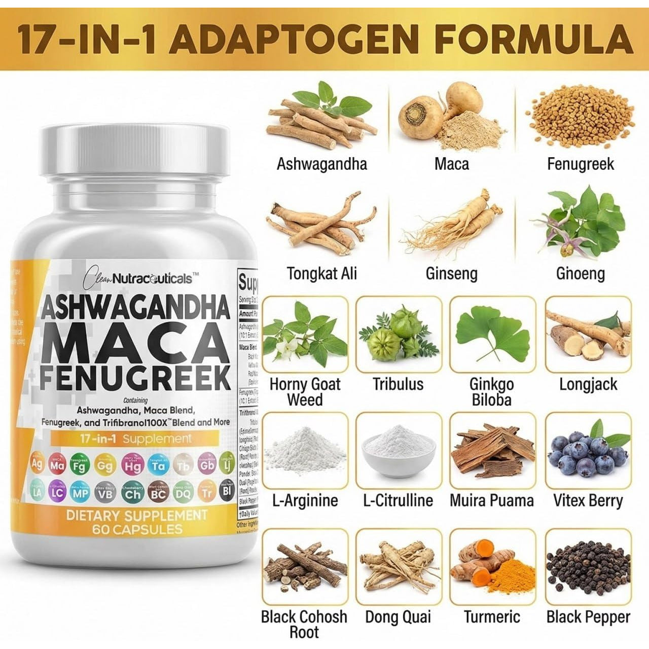 Clean Nutraceuticals Ashwagandha Maca Root Fenugreek Supplement with Tongkat Ali Ginseng - Assists with Stress, Mood & Thyroid - Ashwagandha Capsules Fenugreek Caps