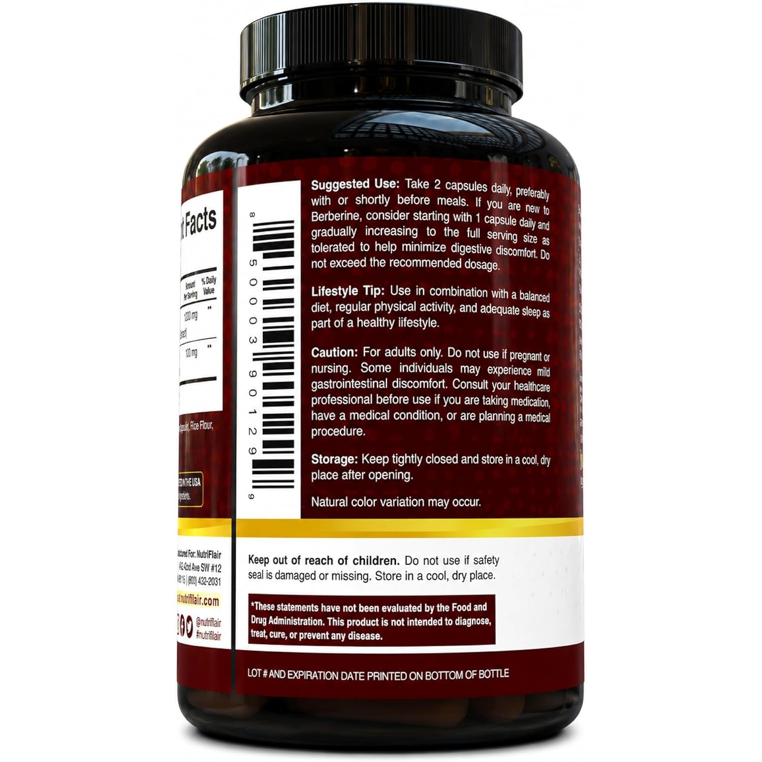 Nutriflair Berberine Hcl 1200Mg, 120 Capsules - plus Ceylon Cinnamon, Berberine HCI Root Supplements Pills - Made in USA