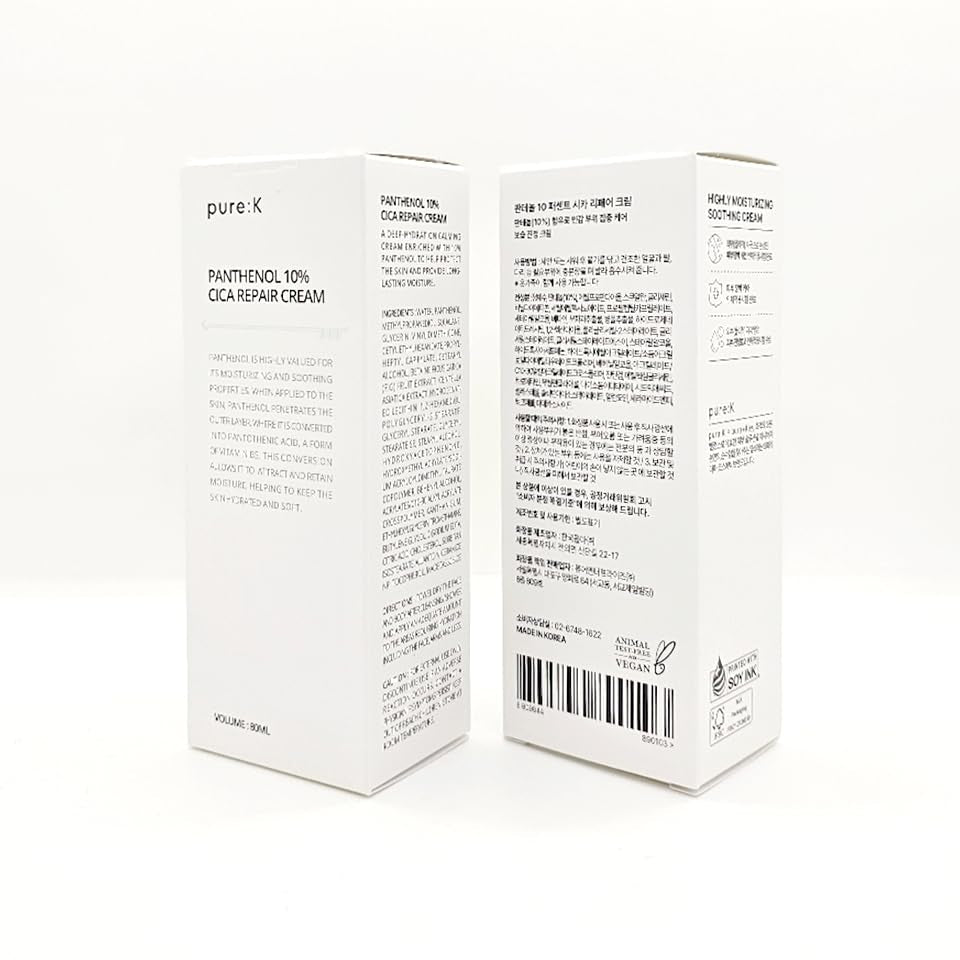 PURE K Panthenol 10% CICA Repair Cream – Clinically Tested Barrier Recovery Moisturizer for Sensitive, Post-Blemish & Redness-Prone Skin, Fragrance-Free & Vegan, Korean Skincare (2.7 Fl Oz / 80Ml)
