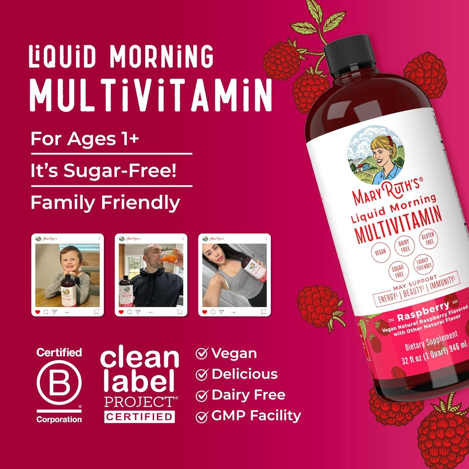 MaryRuth's Liquid Morning Multivitamin — 946ml | Vitamins A C D E B6 B12 Biotin & Zinc | For Women, Men & Kids | Vegan, Non-GMO & Gluten Free | 32 Servings