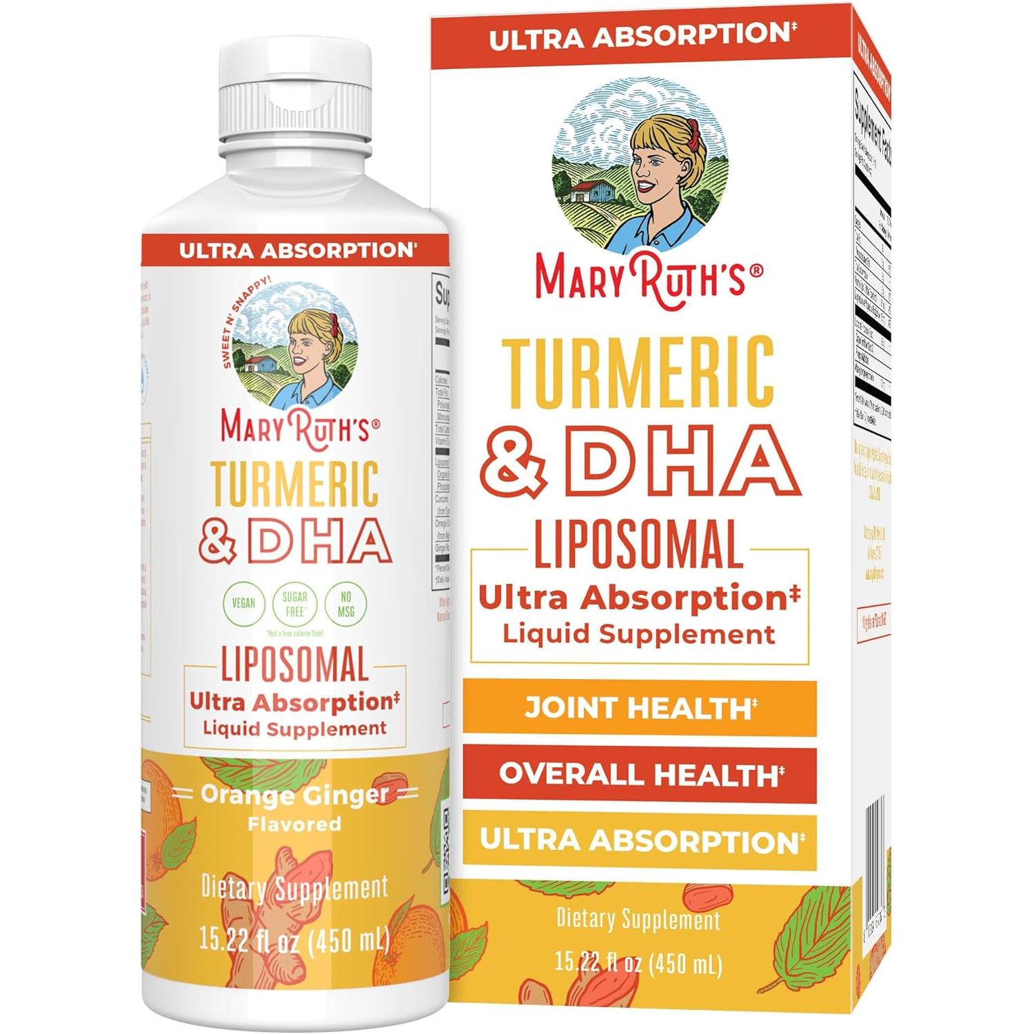 MaryRuth Organics Liposomal de Cúrcuma y DHA – 450ml | Curcumina de Alta Absorción, Omega-3 y Jengibre para la Salud de las Articulaciones, el Cerebro y el Corazón
