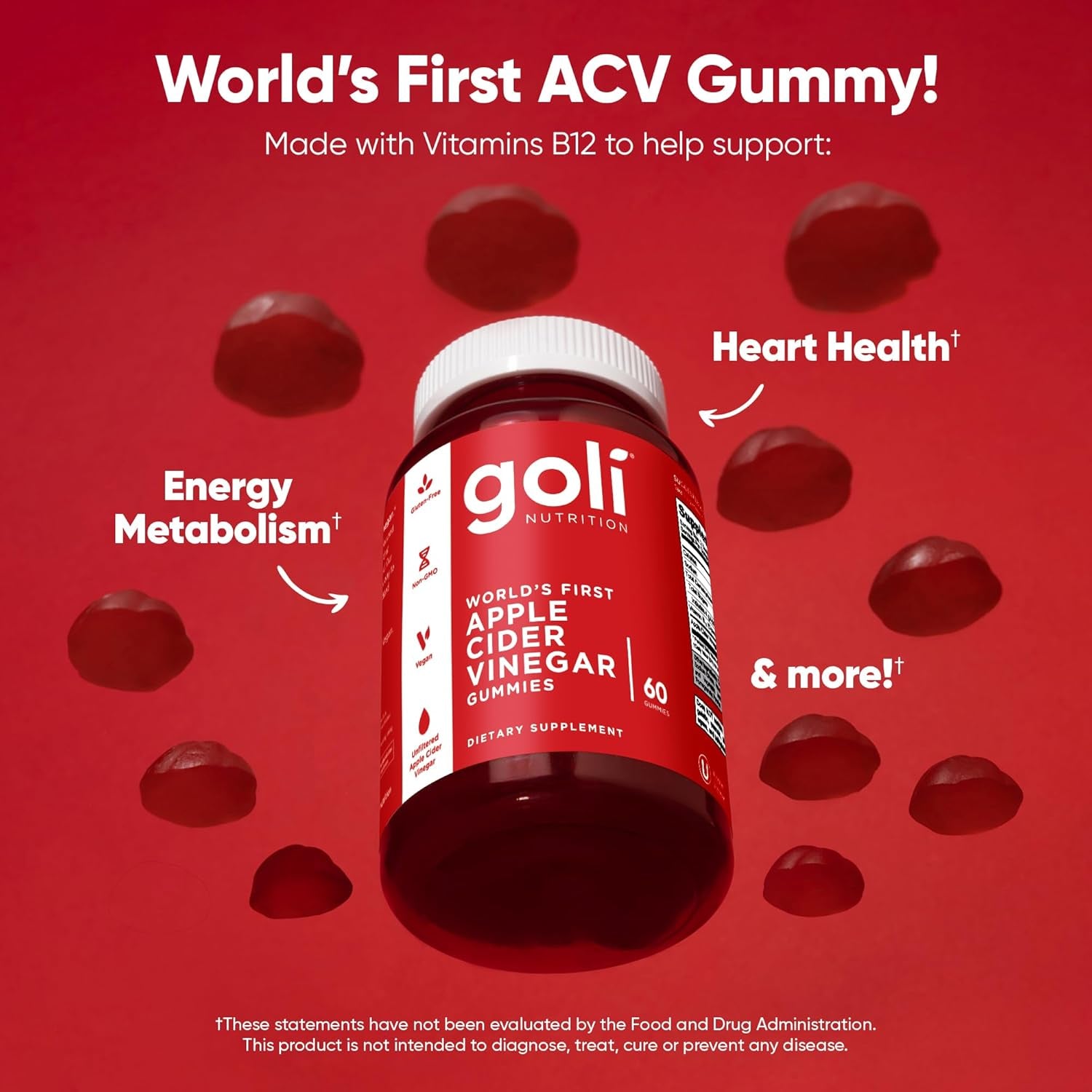 Goli Apple Cider Vinegar Gummies - Worlds First ACV Gummy with Vitamin B12, Beetroot & Pomegranate - Vegan, Non-Gmo, Gluten-Free