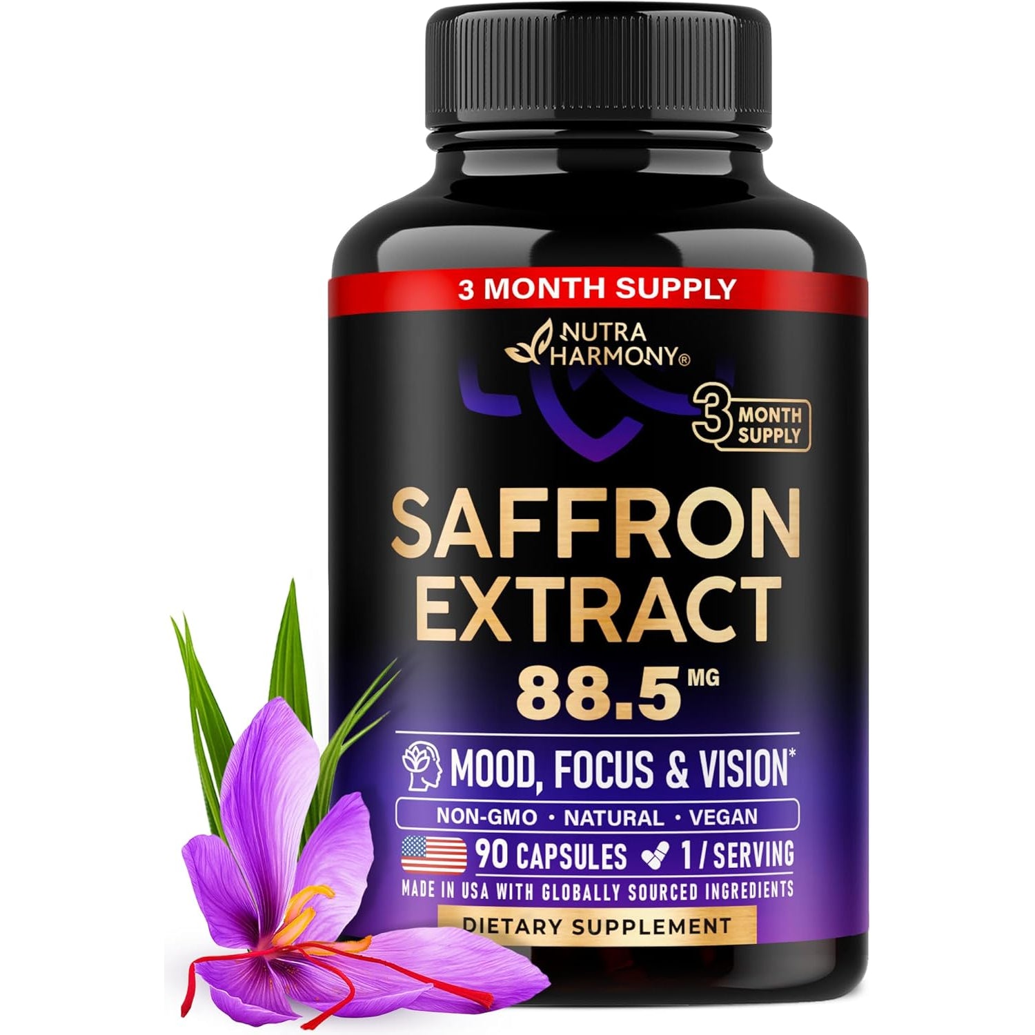 NUTRAHARMONY Pure Saffron Extract 88.5mg — 90 Capsules | 3 Month Supply | Mood, Focus, Vision & Energy Support | Eye Health for Women & Men | Vegan & Non-GMO