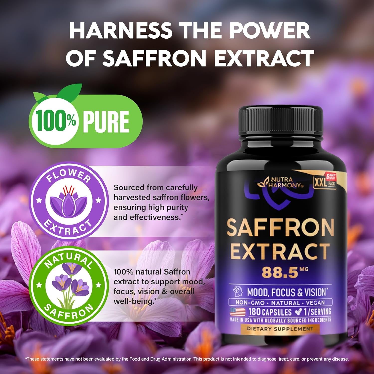 NutraHarmony Pure Saffron Extract 88.5mg – 180 Vegan Capsules | 6-Month Supply | Mood, Focus, Vision & Energy Support | Lab Tested