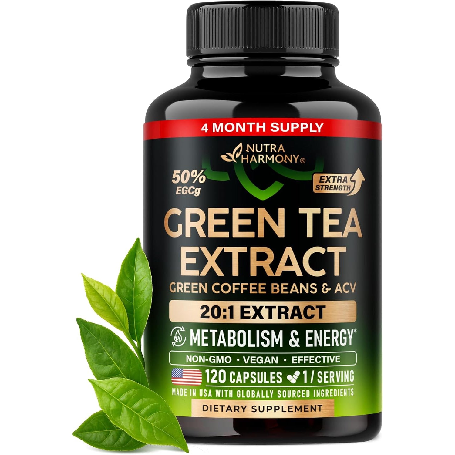 NutraHarmony Green Tea Extract 50% EGCG – 120 Vegan Capsules | 20:1 Extra Strength | Green Coffee Bean & Apple Cider Vinegar | Energy & Metabolism Support