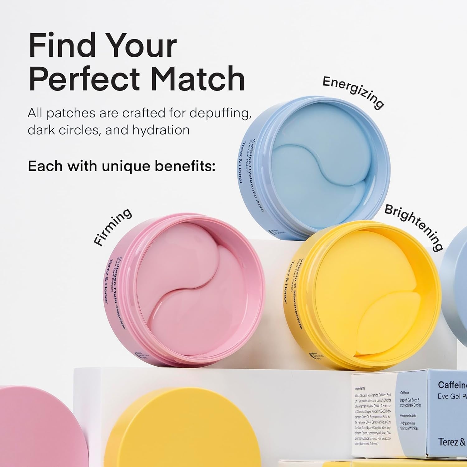 Terez & Honor under Eye Patches for Dark Circles - 60 Korean Hydrogel Masks for Puffiness, Bags, Wrinkle with Caffeine, Hyaluronic Acid, Niacinamide - Undereye Hydrating & Cooling, Vegan, No Fragrance