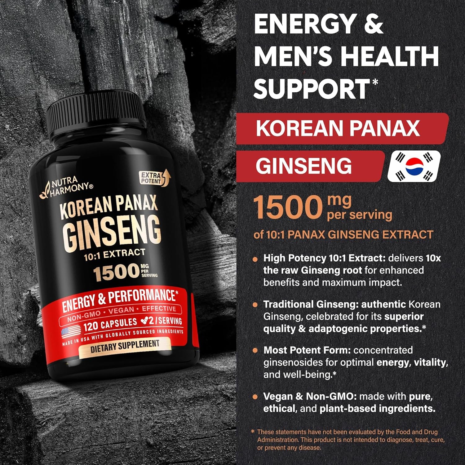 NUTRAHARMONY Panax Ginseng — 120 Capsules | High-Strength Extract for Energy, Focus & Performance | Vegan
