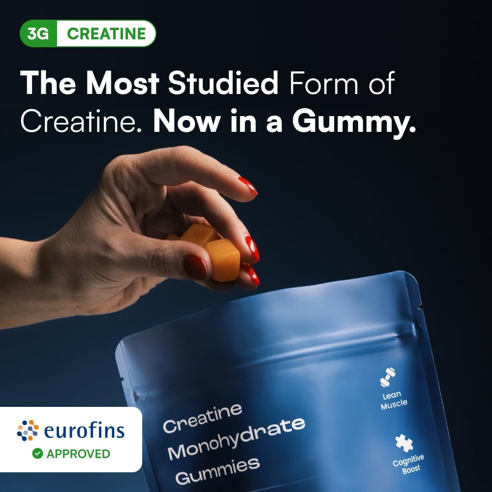 Creatine Monohydrate Gummies - Supports Muscle Growth, Recovery & Brain Function - Convenient & Easy to Take - Great Tasting Peach Flavor - 1G per Gummy, Low Sugar - 90 Count