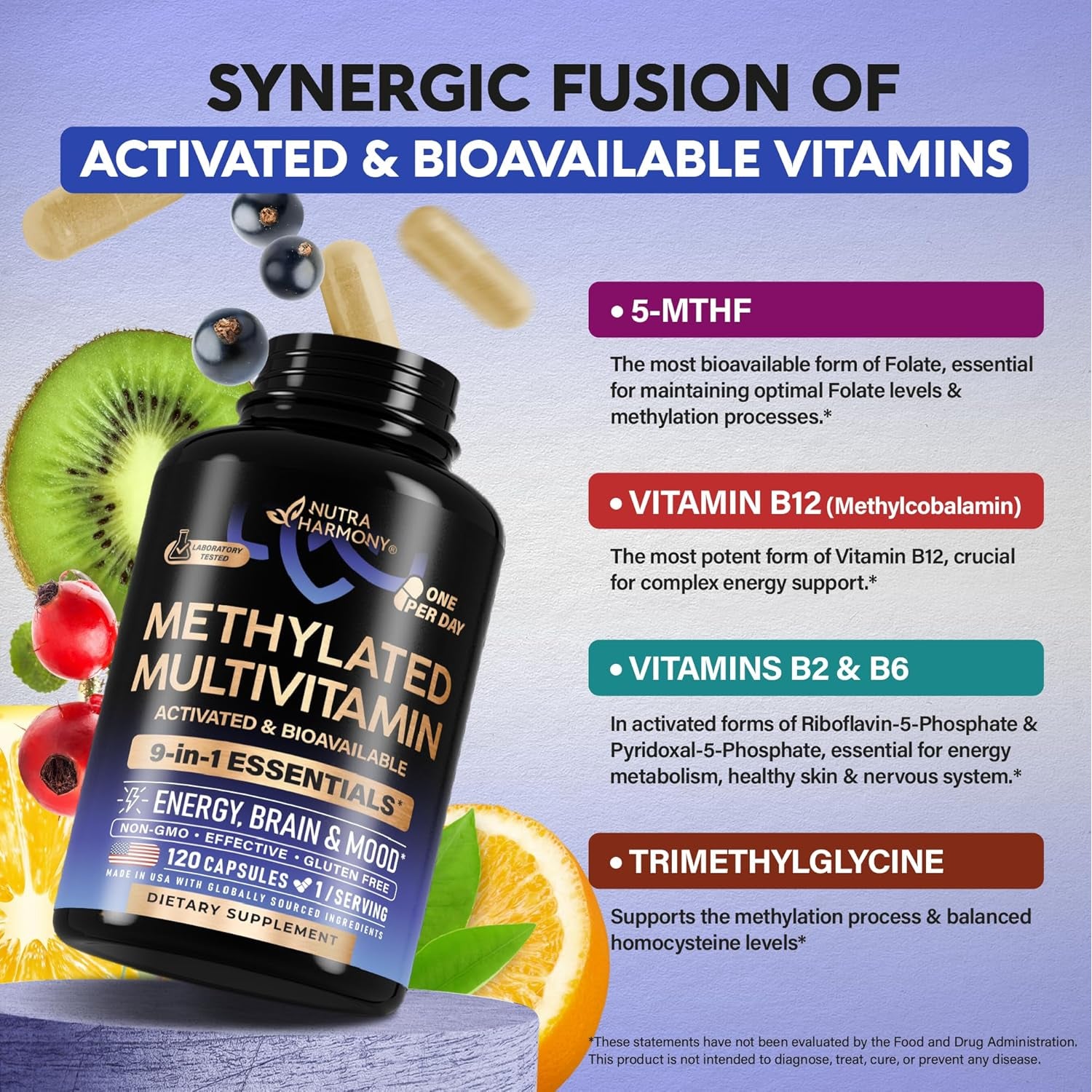 NutraHarmony 9-in-1 Methylated Multivitamin – 120 Vegan Capsules | B2, B6, B12, 5-MTHF & TMG | Vitamins C, D3, E & K2 | Energy, Brain & Mood Support