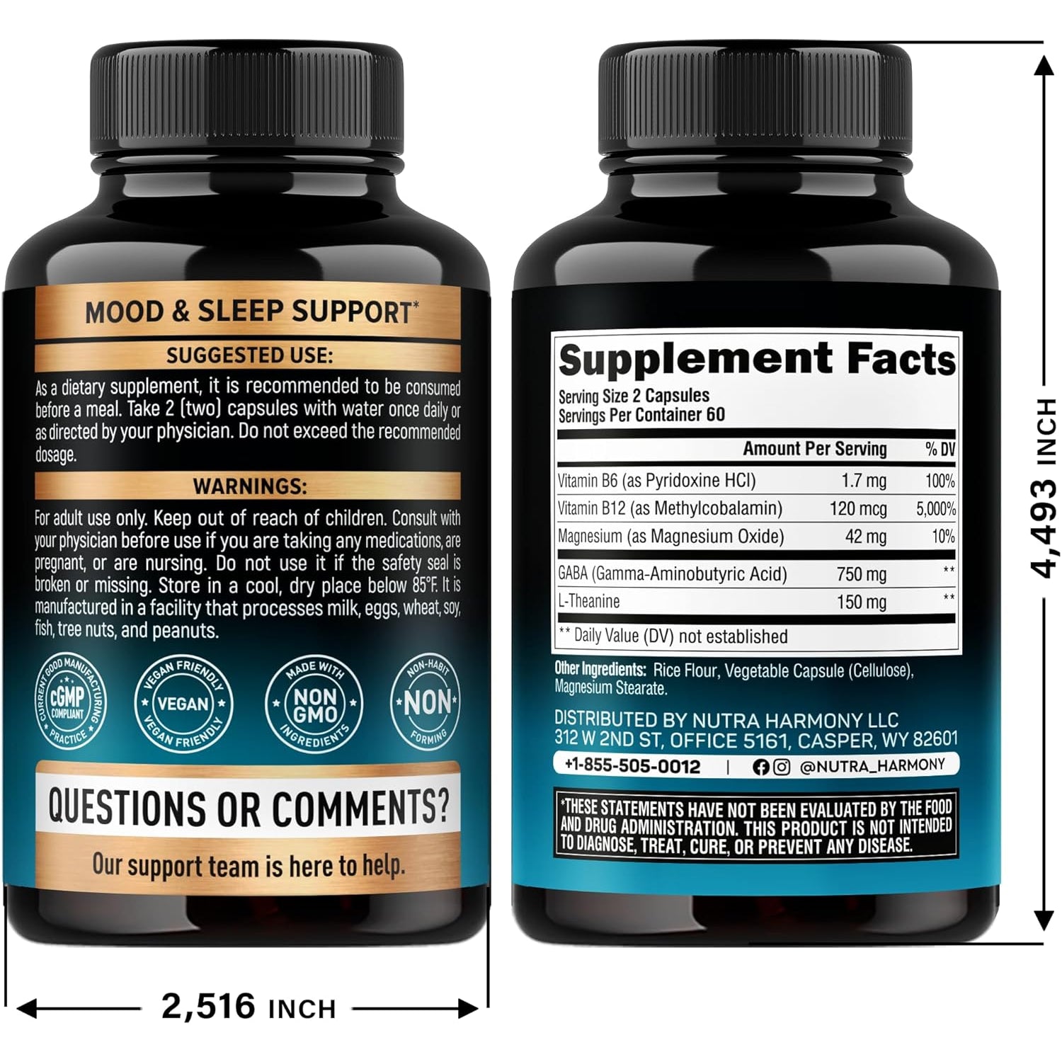 NUTRAHARMONY GABA & L-Theanine Supplement — 60 Capsules | Natural Relaxation, Calm & Sleep Quality Support