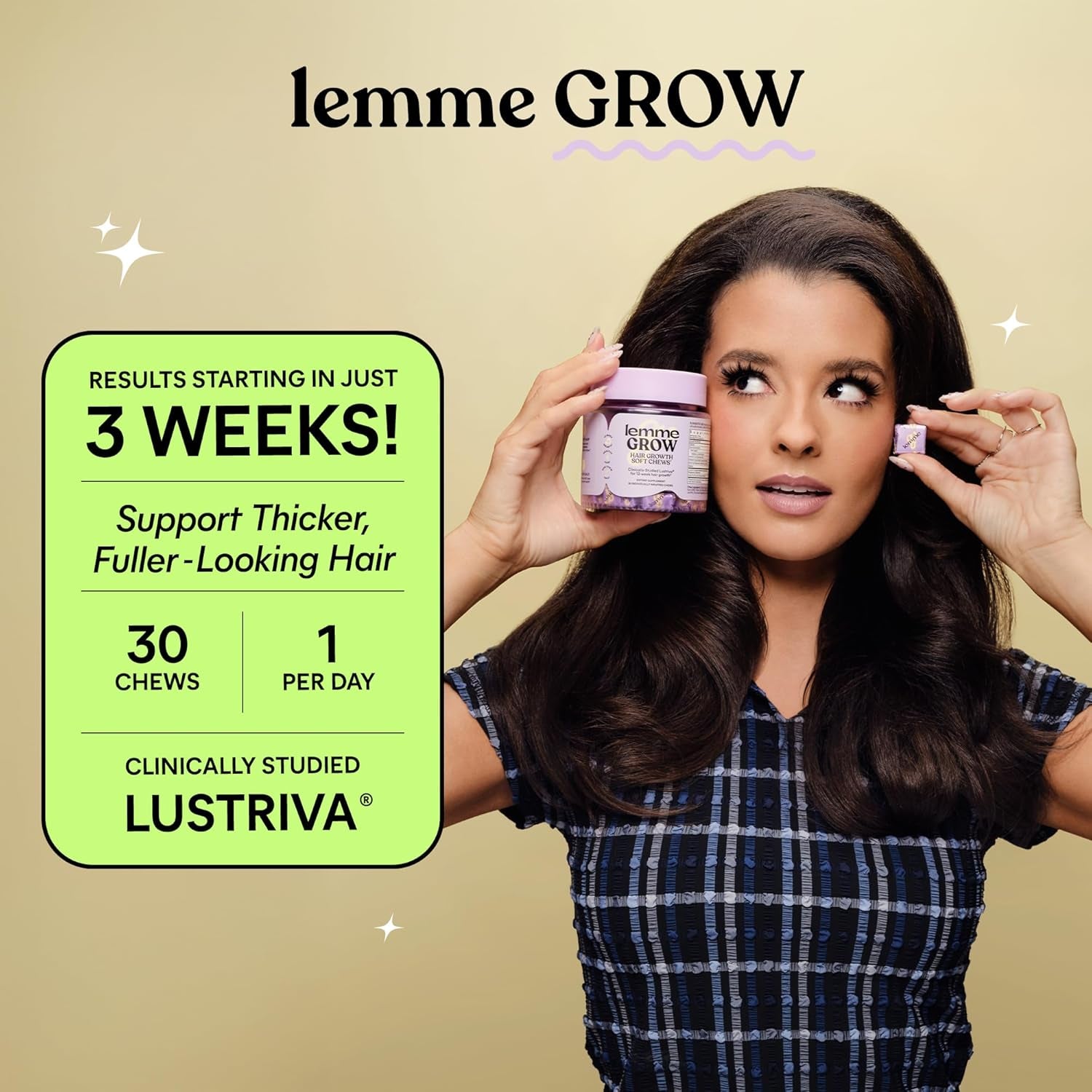 Grow Hair Growth Booster Soft Chews W/Vitamins for Women and Men with Clinically Studied Lustriva and Biotin, Promotes Thicker, Fuller, Stronger Hair, Mixed Berry, 30 Day Supply