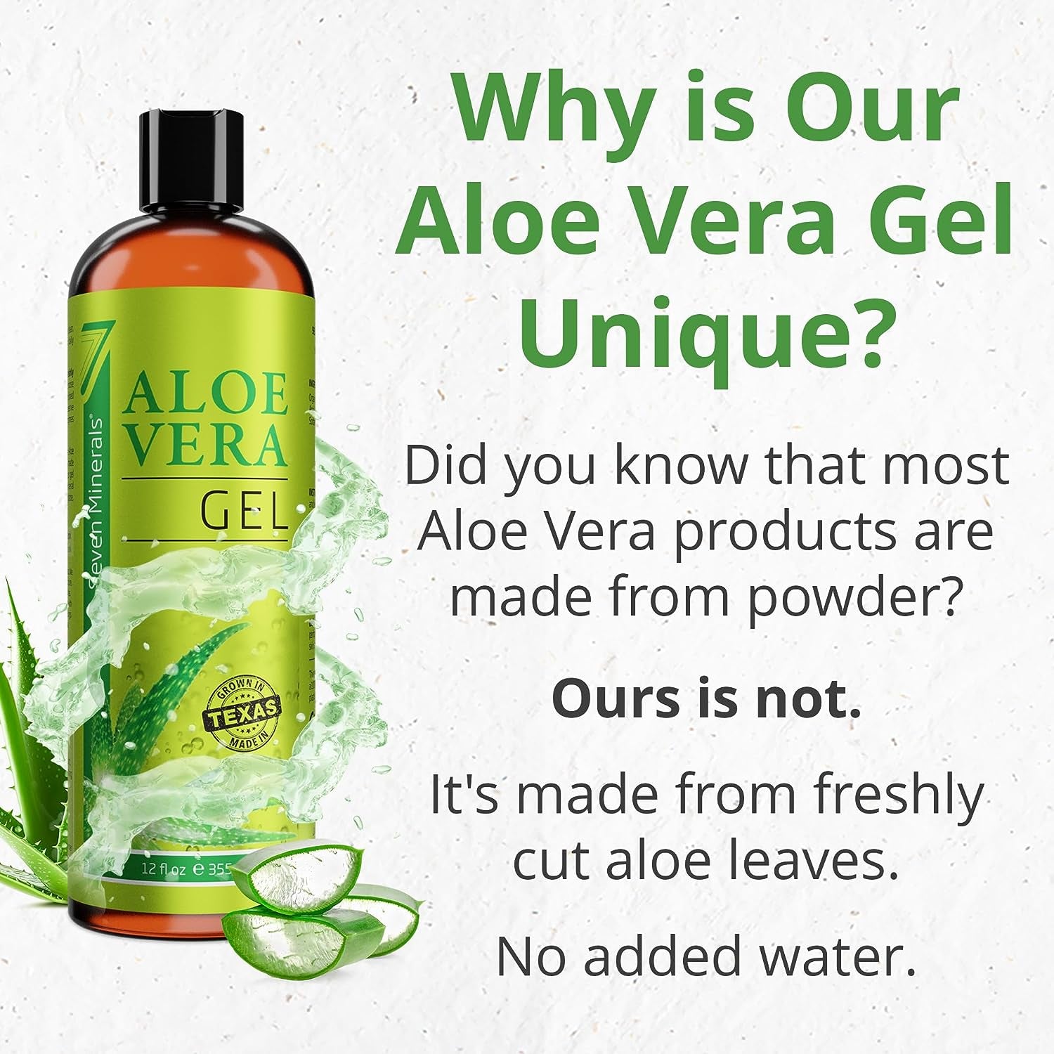 Seven Minerals Aloe Vera Gel with Freshly Cut Pure Organic Aloe - Big 12Oz - Texas Grown, Highestquality, Vegan, Unscented, Non-Sticky - after Sun, Sunburn Relief, Skin & Face Moisturizer, Hair Mask
