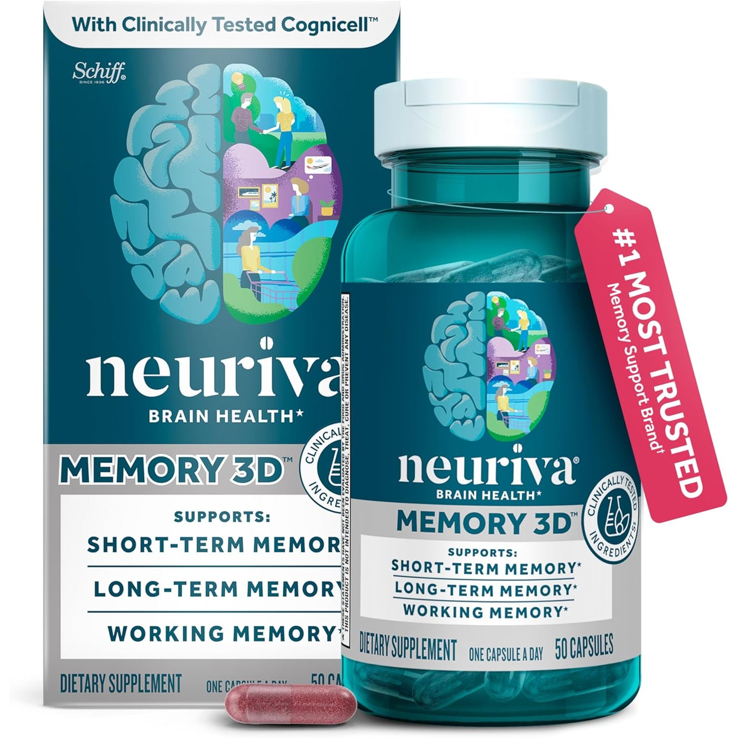 NEURIVA Memory 3D Brain Supplements for Memory and Focus, Vitamin B12 & B6, Folic Acid, 50 Count Capsules