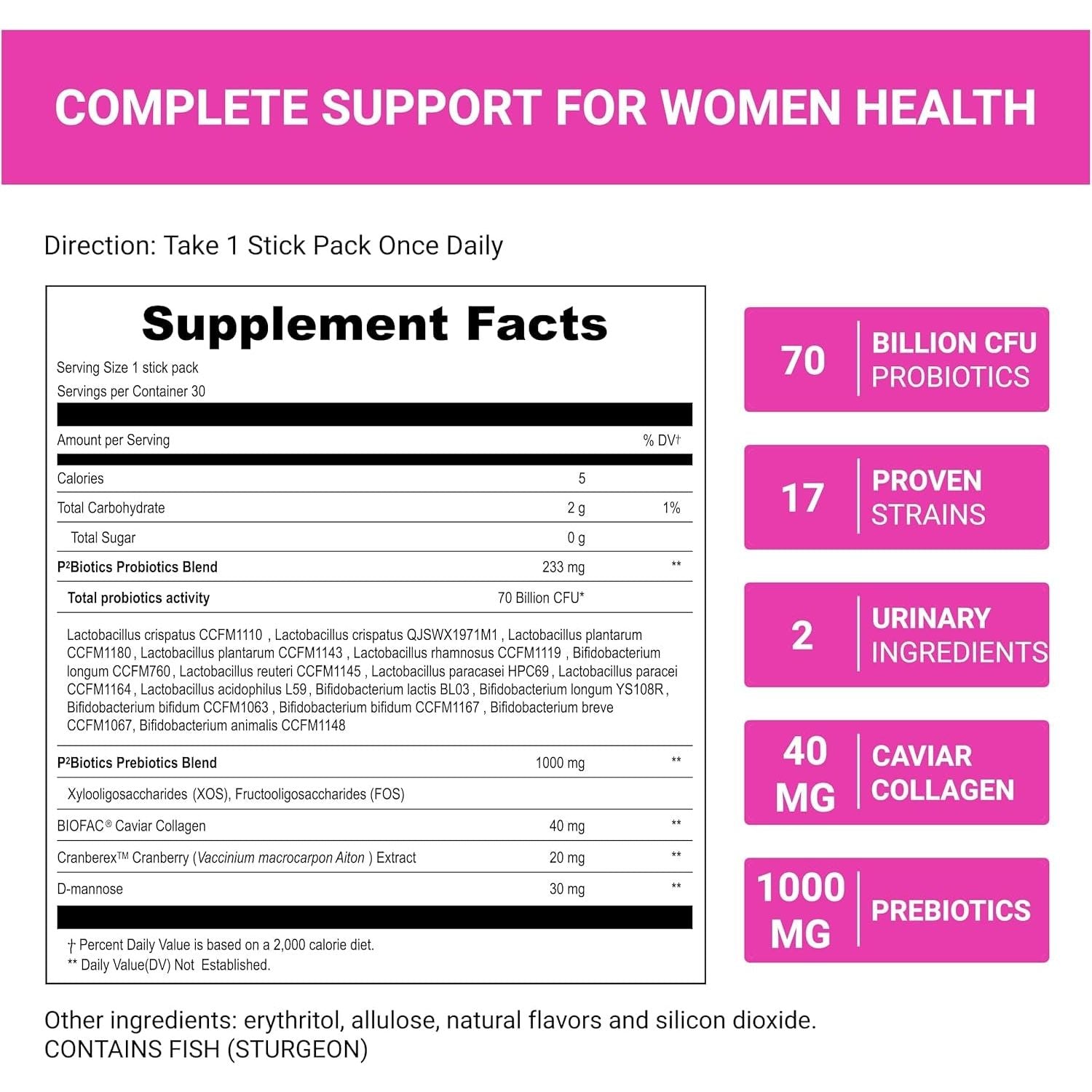 UpNourish Pre + Probiotics Caviar Collagen – 30 Stick Packs | Women's All-in-One Gut, Skin & Beauty Supplement