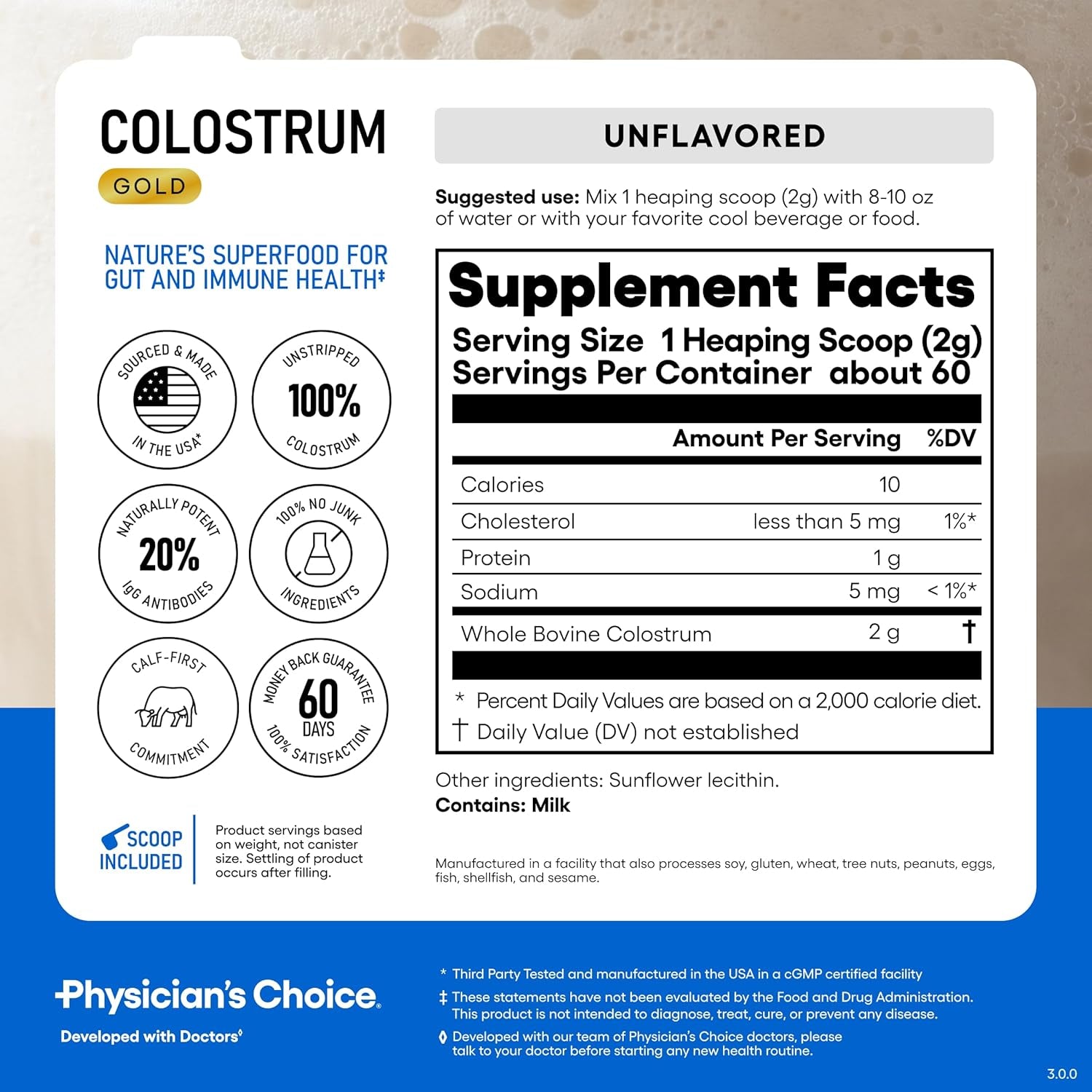 Physician's Choice Colostrum Gold Powder – First-Day Milking | Gut Health & Immune Support | IgG Antibodies & Bioactive Nutrients | Whole & Unstripped | Made in USA | 60 Servings