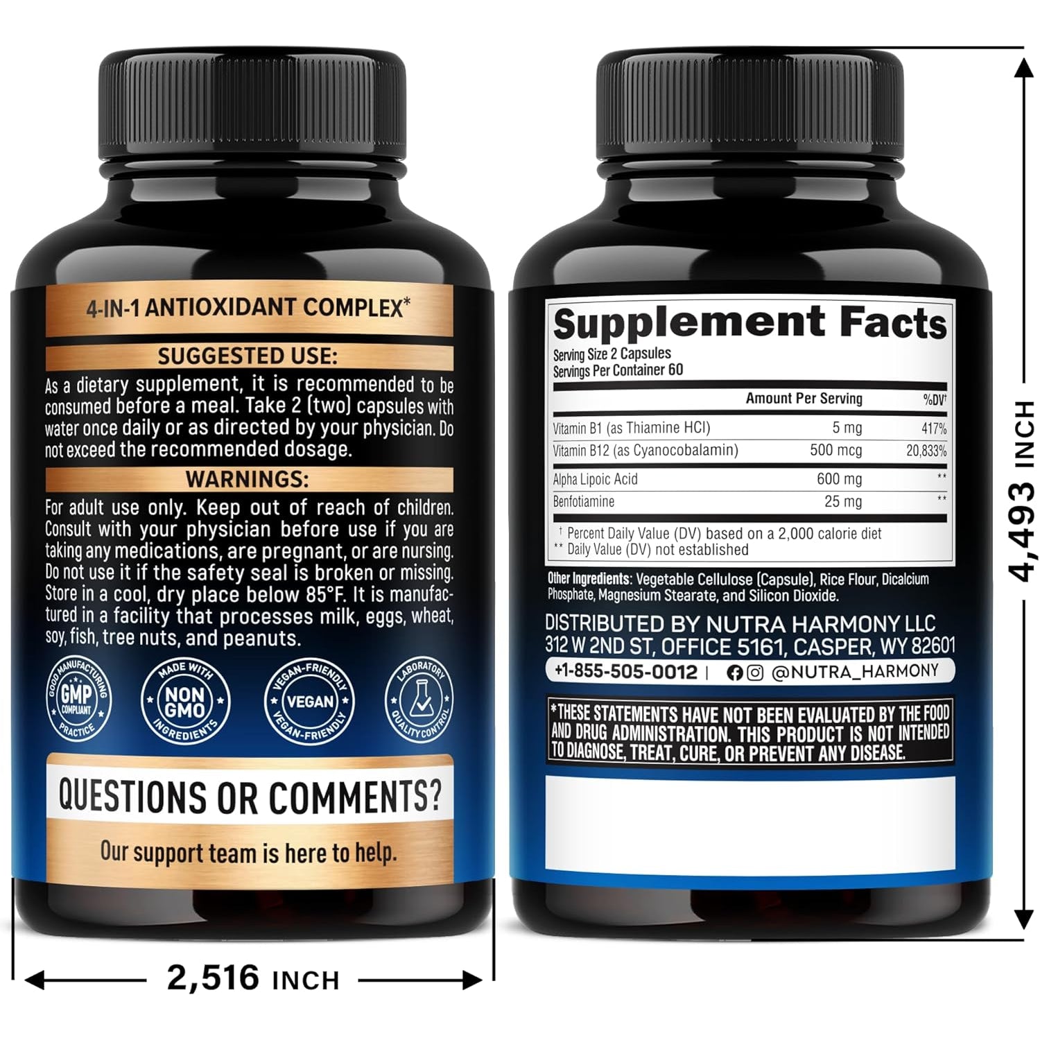 NUTRAHARMONY Alpha Lipoic Acid 600mg & Benfotiamine — 60 Capsules | Antioxidant & Nerve Health Support