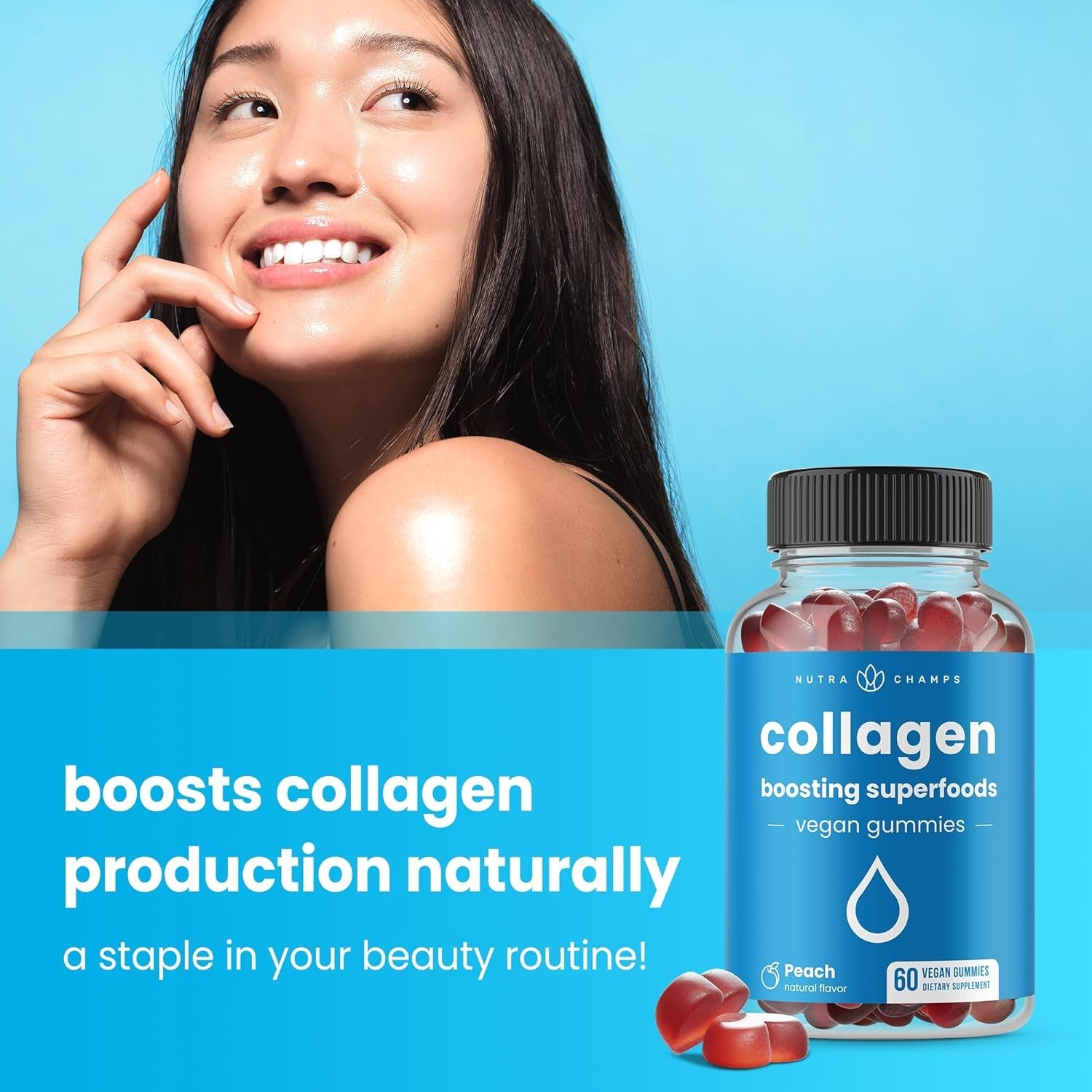 Collagen Boosting Gummies, Collagen Booster Gummy for Natural Collagen Production, Vegan Pectin Supplements Chews for Women & Men, 60 Peach Vitamins Gummies