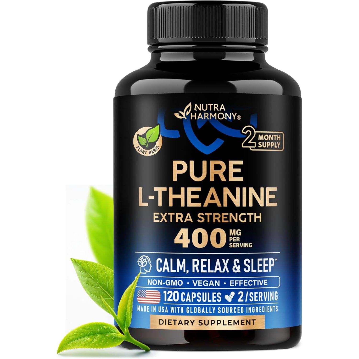 NutraHarmony L Theanine 400 Mg | L-Theanine Stress Relief | Extra Strength Supplement | Lab Tested | Relaxation, Sleep & Calm Support | for Men & Women | Plant Based, Non-Gmo & Gluten-Free | 120 Vegan Capsules