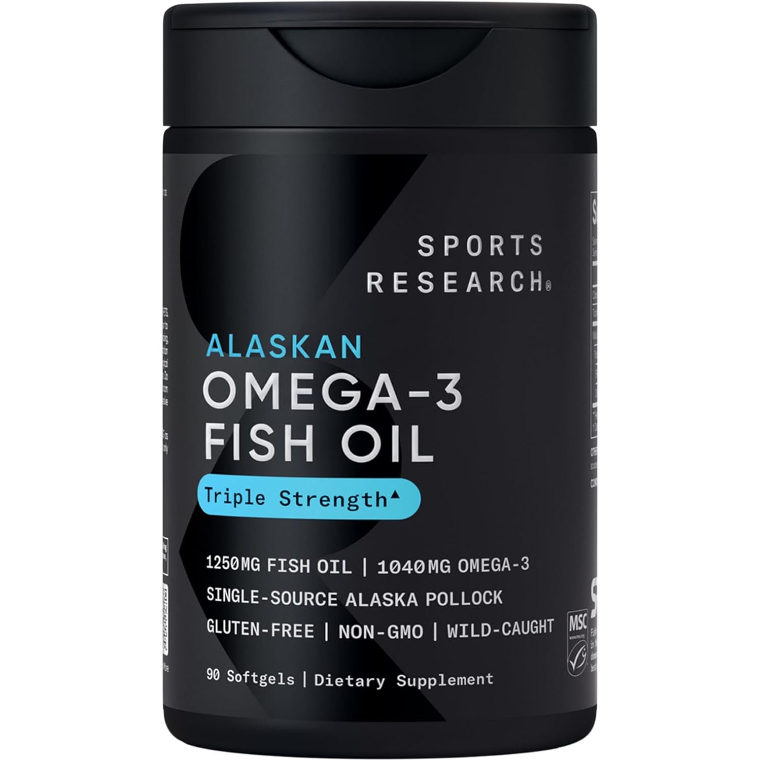 Sports Research® Omega-3 Fish Oil 1250 - Triple Strength Fish Oil Supplement from Wild Alaska Pollock - MSC Certified Sustainable · Non-Gmo · Soy Free - 90 Softgel Capsules