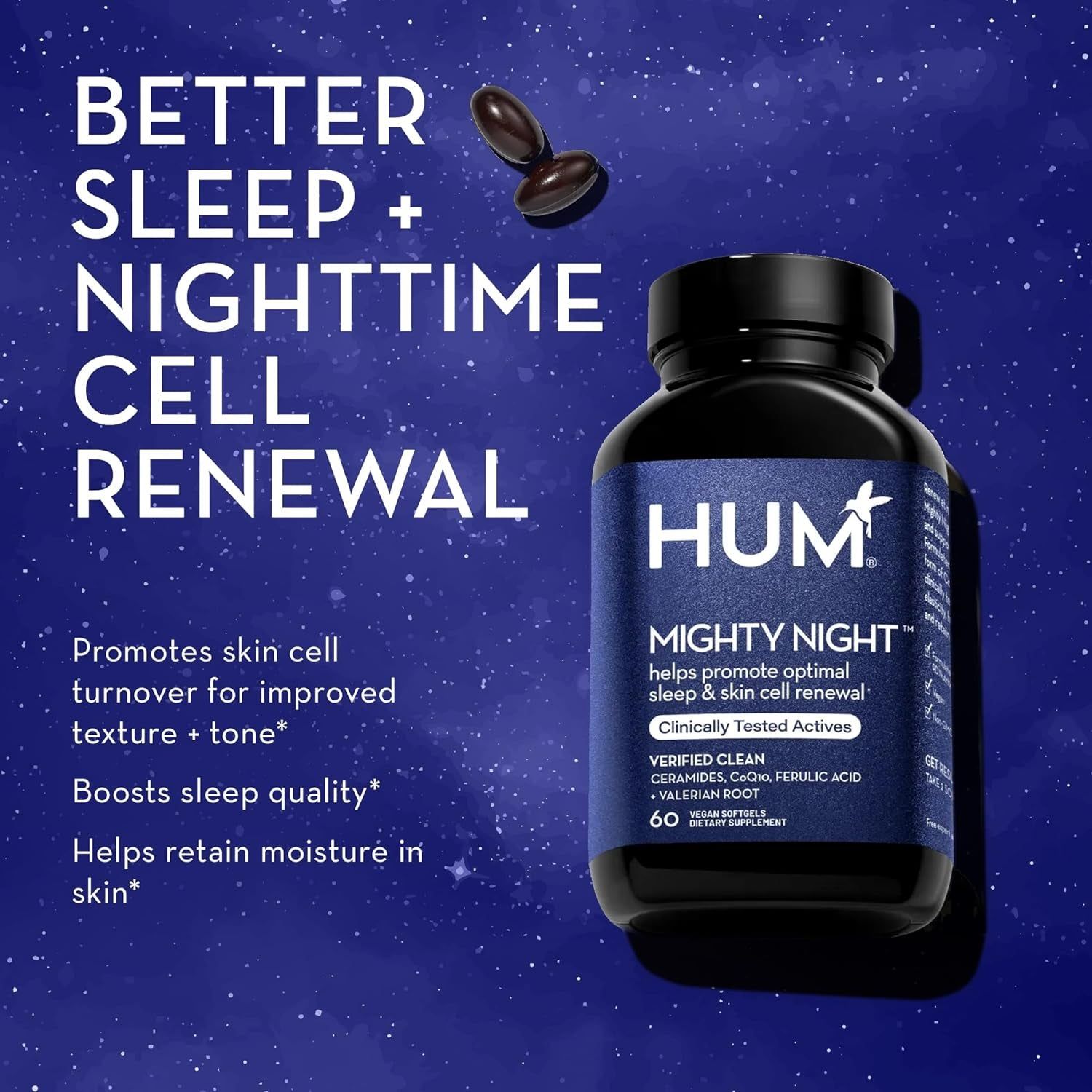 HUM Mighty Night – 60 Vegan Softgels | Nighttime Skin Renewal & Deep Sleep Support