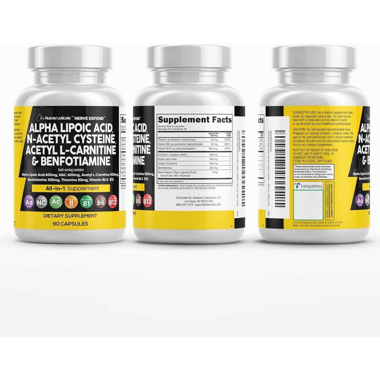 Clean Nutraceuticals Nerve Support Complex – 90 Capsules | Alpha Lipoic Acid 600mg, NAC 600mg, Acetyl L-Carnitine 500mg & Benfotiamine 300mg | Vitamins B1, B6 & B12