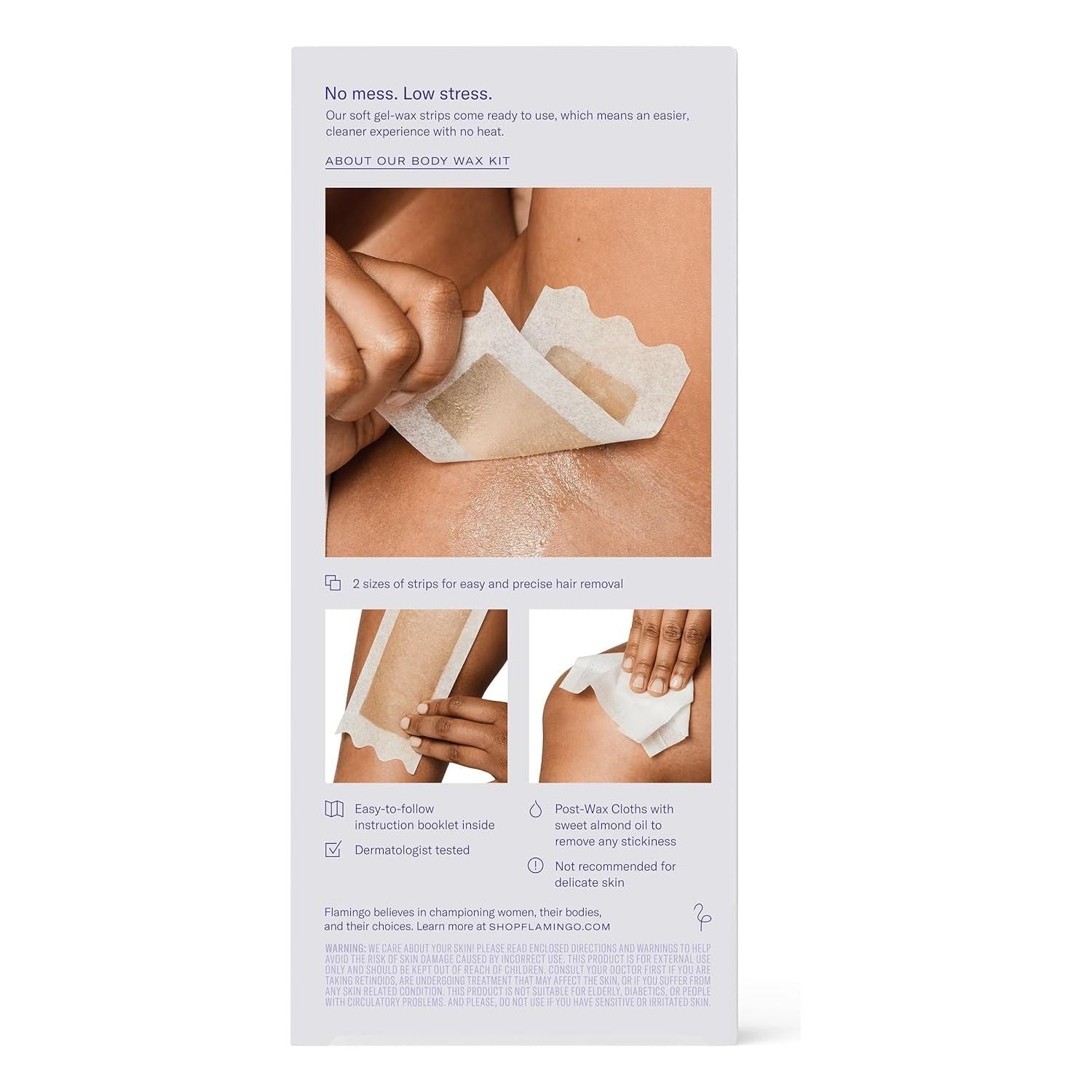 Flamingo Body Wax Kit – 56 Wax Strips + 12 Post-Wax Cloths | No-Heat, At-Home Hair Removal