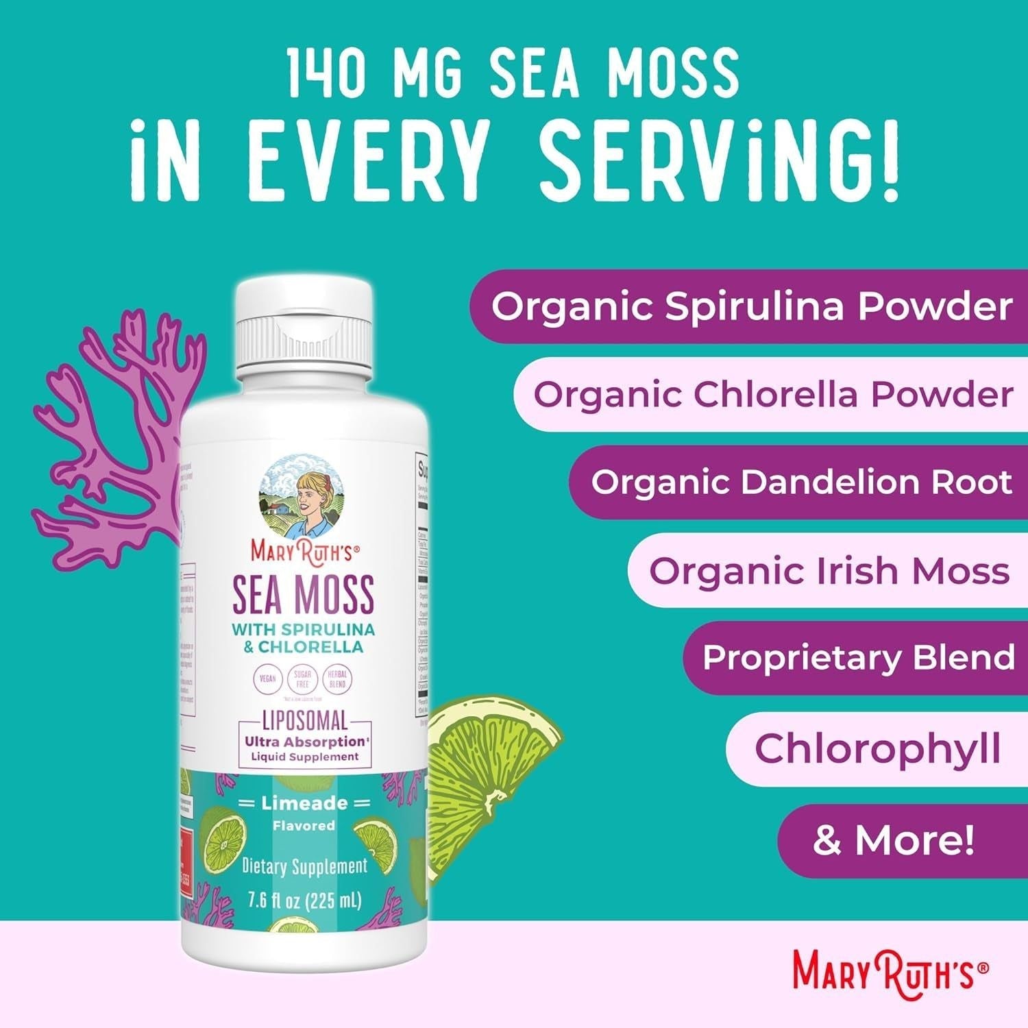 MaryRuth Organics Sea Moss with Spirulina & Chlorella – 225ml | Ultra-Absorbent Liquid Superfood