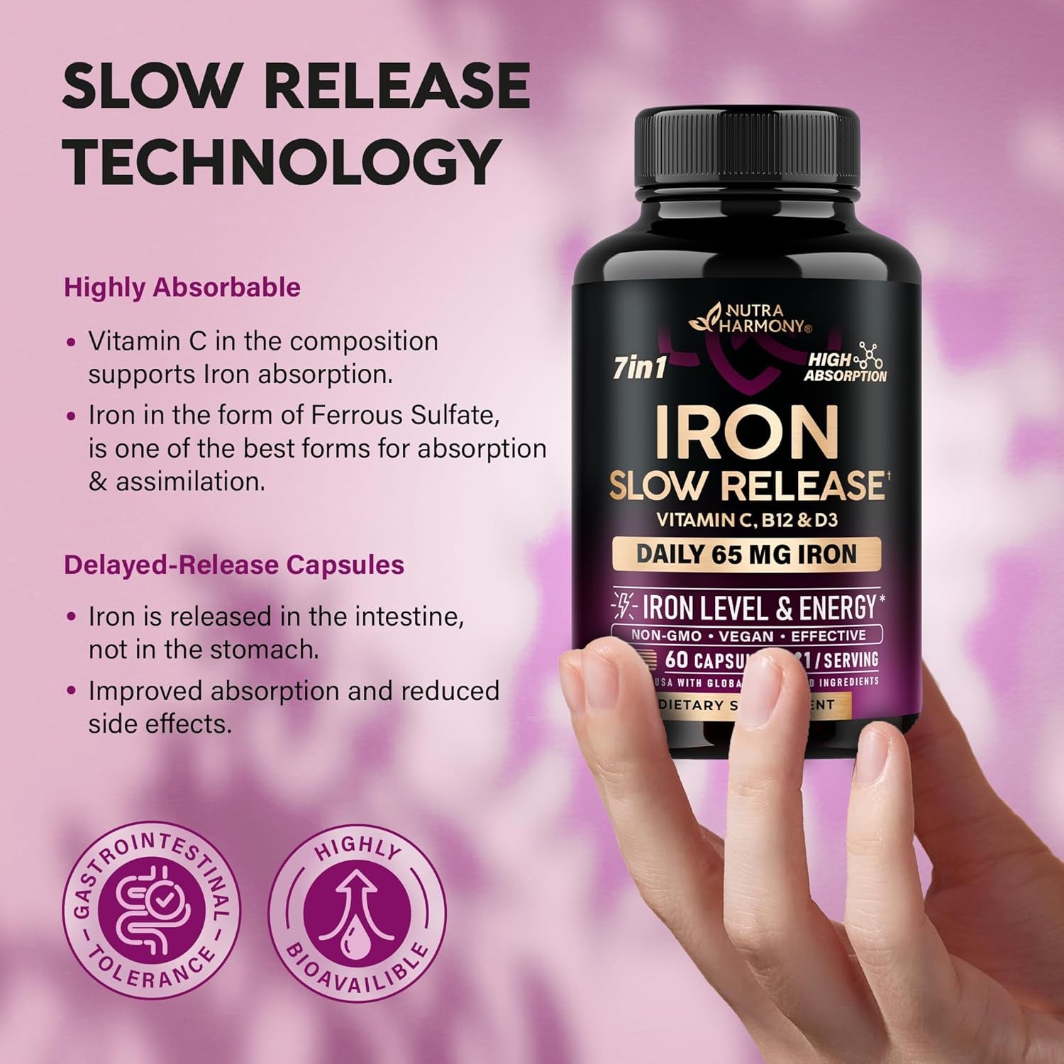 NUTRAHARMONY Gentle Iron Supplement for Women — 60 Capsules | Non-Constipating, High-Absorption Formula | Vegan