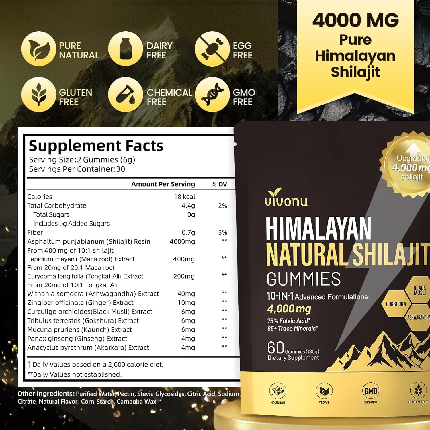 VivoNu Pure Himalayan Shilajit Gummies – 4,000mg | Ashwagandha, Gokshura, Fulvic Acid & 85+ Trace Minerals | Energy & Vitality Support for Men & Women