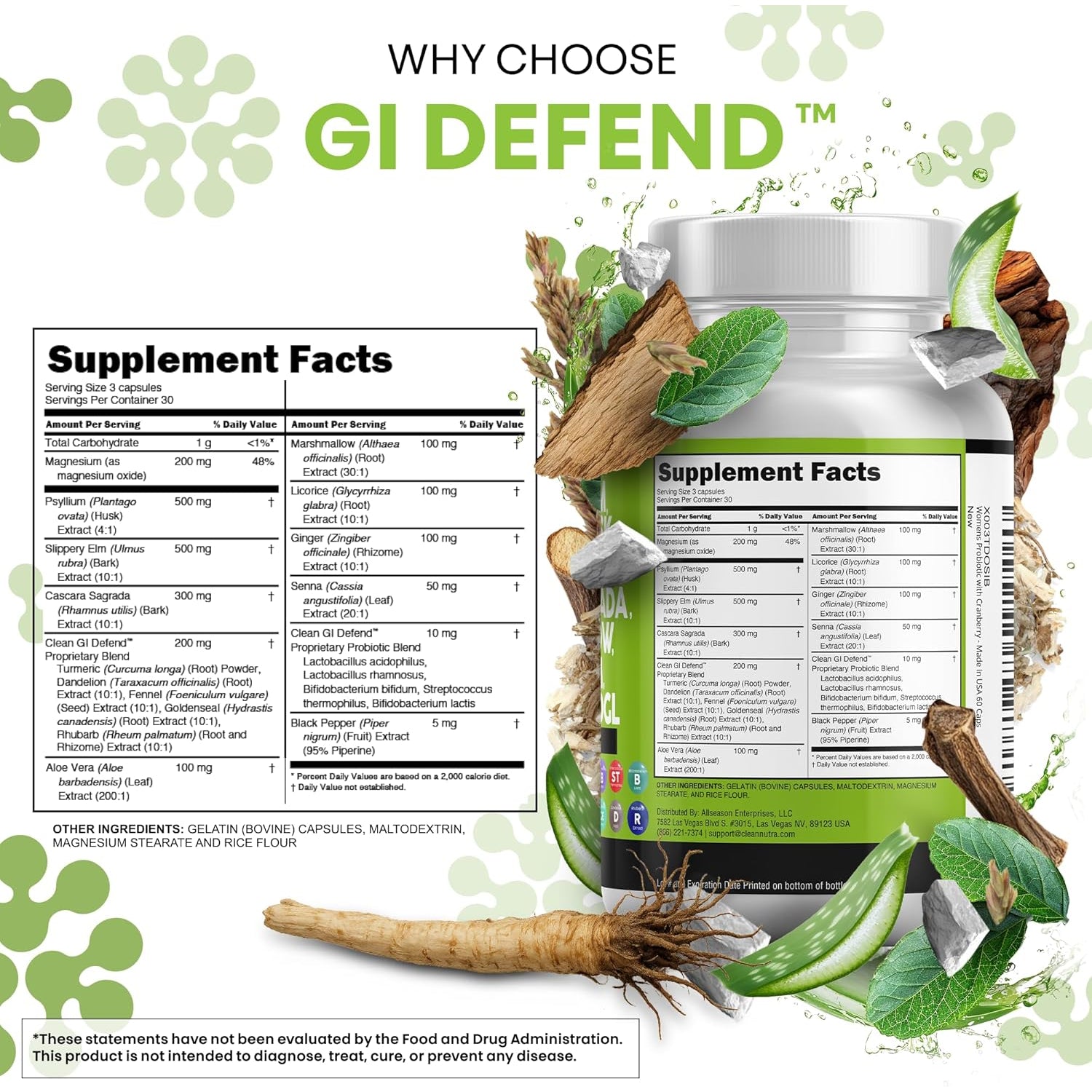 Clean Nutraceuticals Digestive Gut Health Complex – 60 Capsules | Slippery Elm, Psyllium Husk, Aloe Vera & Marshmallow Root | Pre & Probiotic Blend