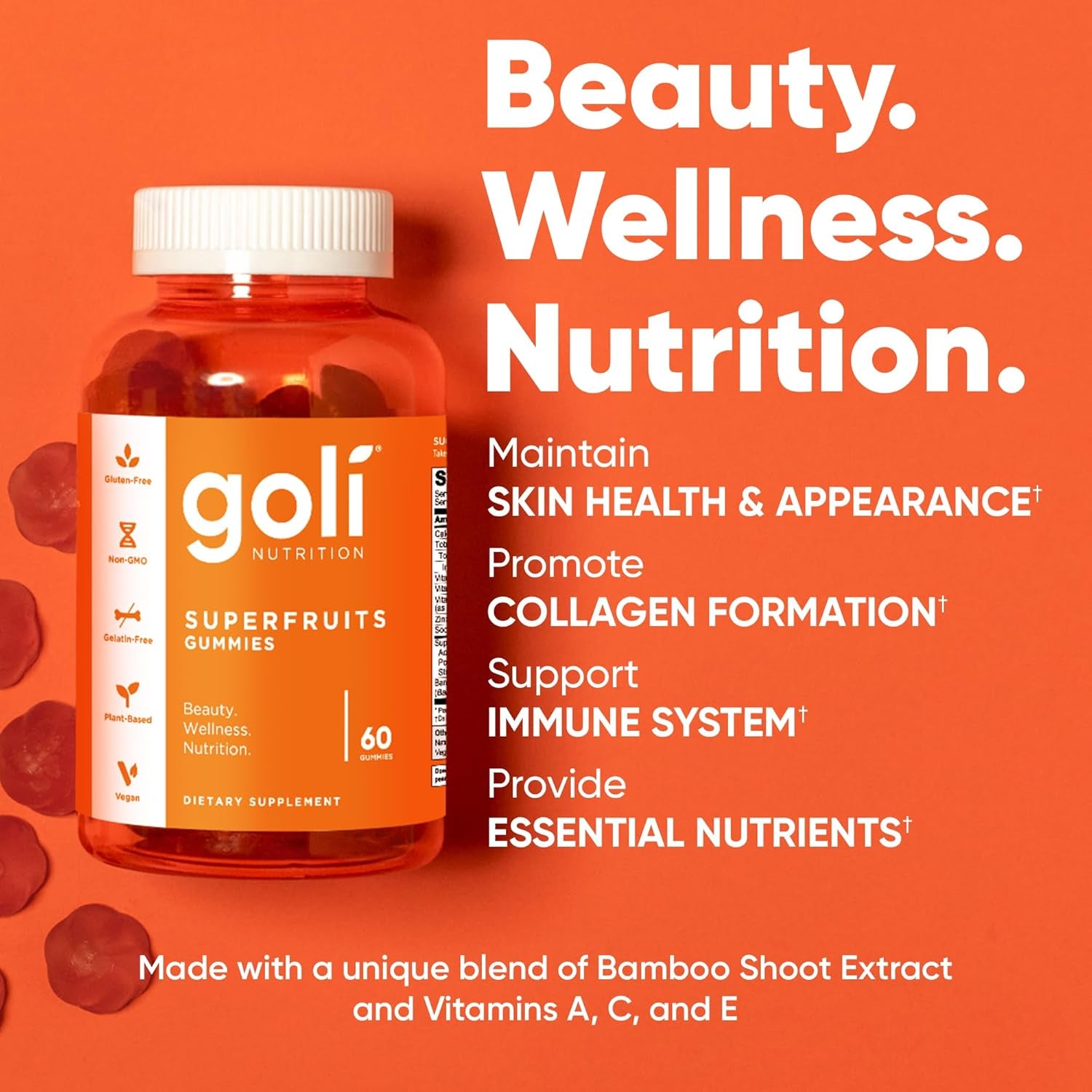 Goli Superfruits Beauty Gummies with Bamboo Silica - Vitamins A, C, E, Zinc - Collagen Support with Superfruit Blend - Vegan, Non-Gmo, Gluten-Free