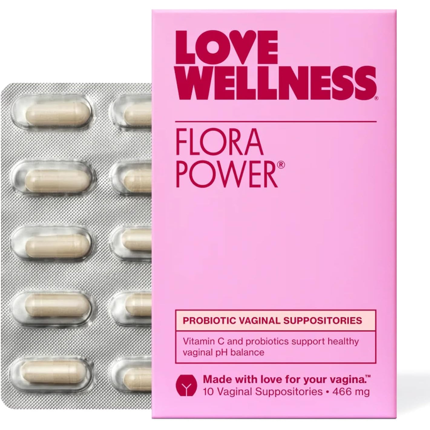Love Wellness Flora Power | Vaginal Probiotic Suppositories with Vitamin C | Supports Ph Balance & Vaginal Health | Fragrance-Free, Non-Gmo & Paraben-Free | 10 Count