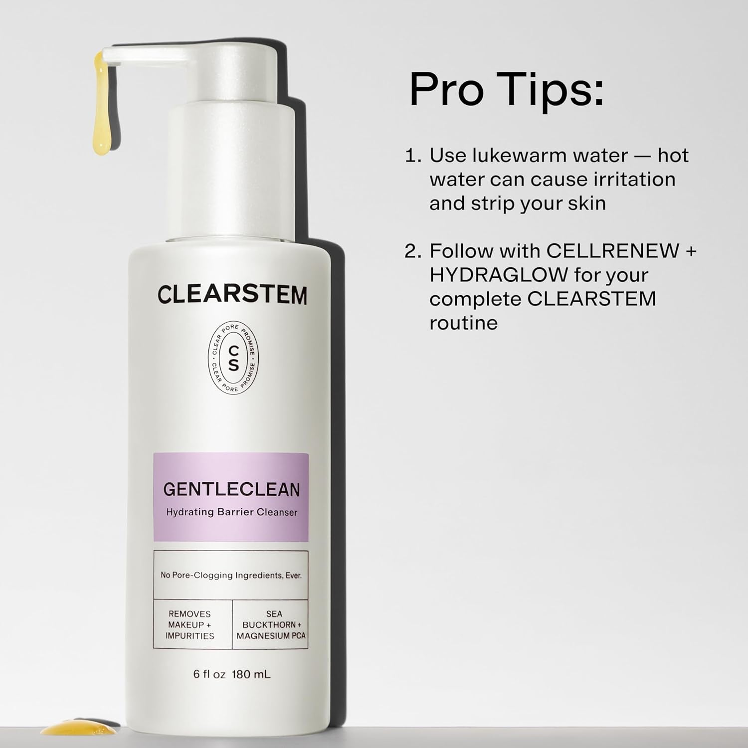 CLEARSTEM - GENTLECLEAN Vitamin C Infused Calming Wash - Facial Cleanser, Makeup Remover - Goldenseal + Green Tea - Facial Skin Care Products - Gluten Free, Cruelty Free - 6 Fl Oz / 180Ml