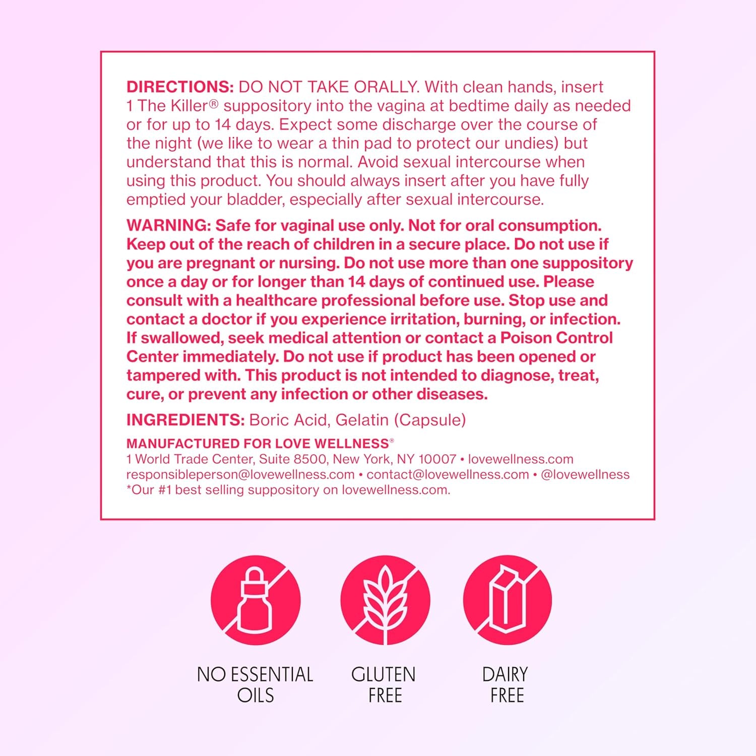 Love Wellness The Killer Boric Acid Suppositories – Fast-Acting pH Balance & Vaginal Odour Control | Fragrance-Free | 14 Count