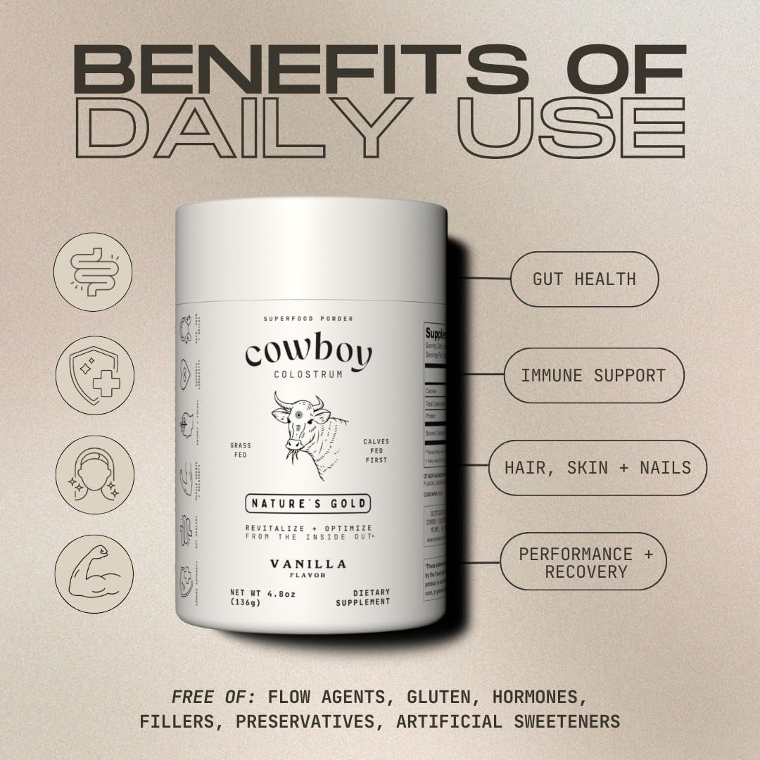 COWBOY COLOSTRUM Bovine Colostrum Powder for Women & Men – 136g | First Day Milking, Immune & Gut Support (Vanilla Flavor, 40 Servings)