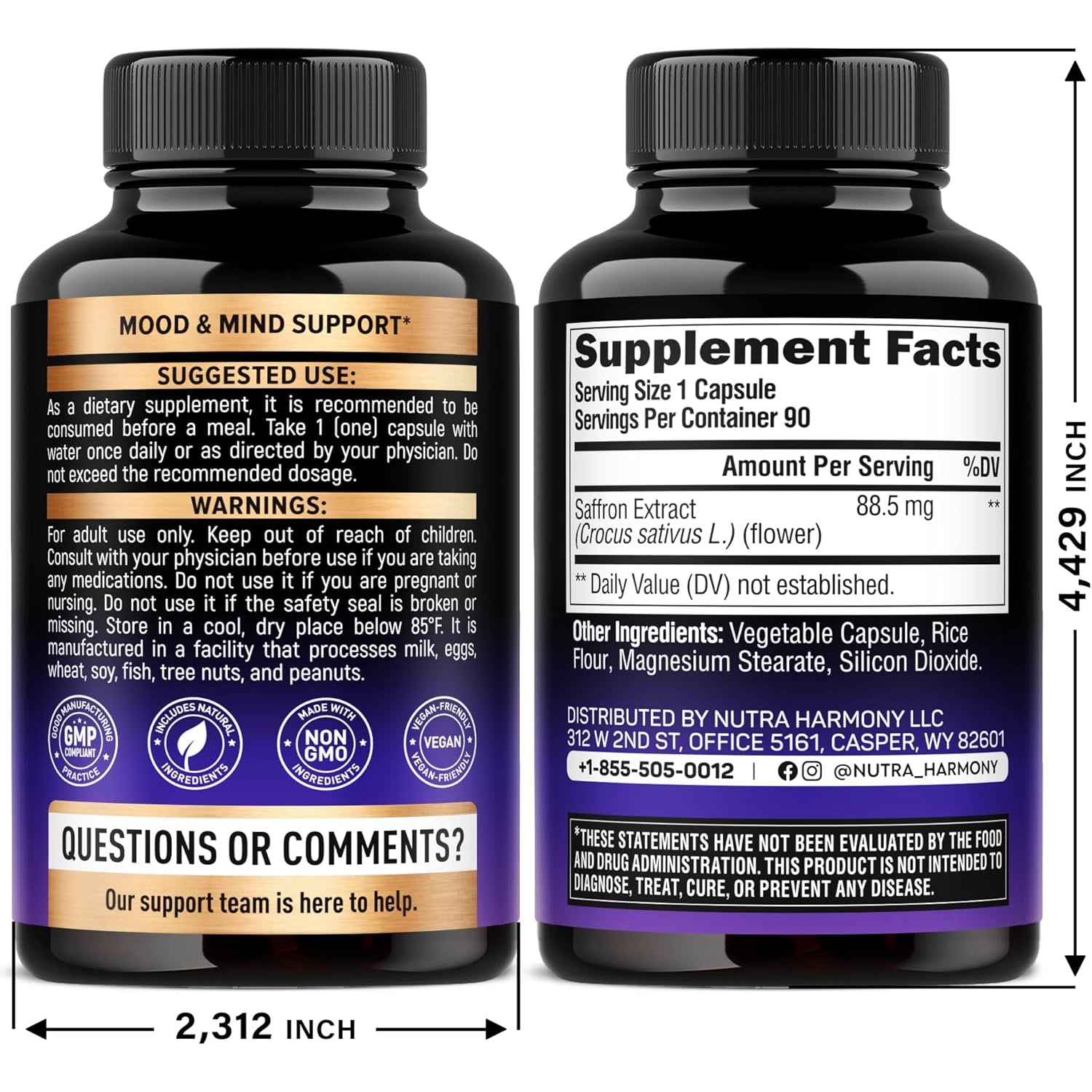 NUTRAHARMONY Pure Saffron Extract 88.5mg — 90 Capsules | 3 Month Supply | Mood, Focus, Vision & Energy Support | Eye Health for Women & Men | Vegan & Non-GMO