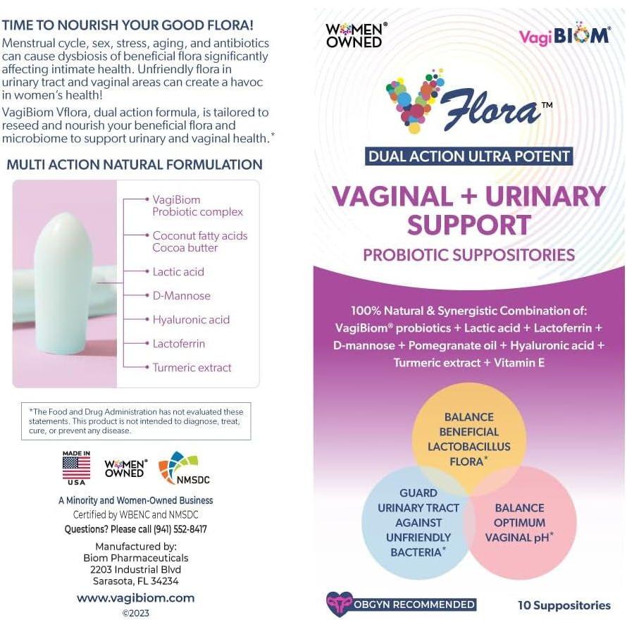 VagiBiom VFlora Dual Action Ultra Potent Vaginal + Urinary Support Probiotic Suppositories – 10 Suppositories