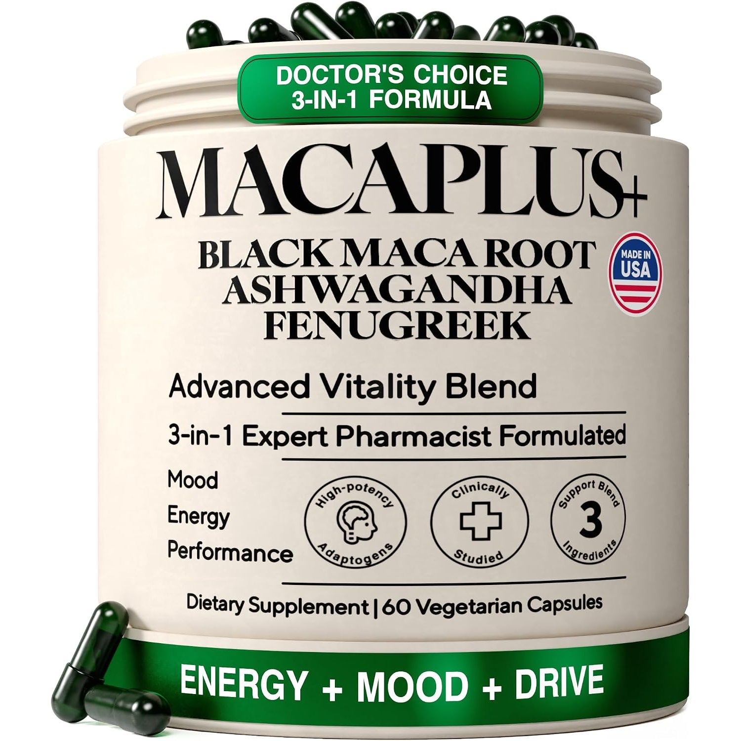 Organic black maca root capsules with ashwagandha and fenugreek, 60 capsule bottle