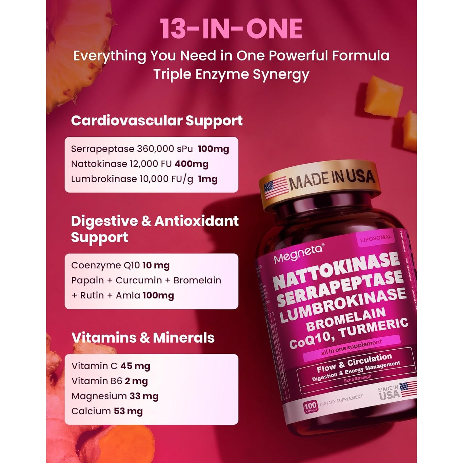 Nattokinase Supplement 12,000 FU (Max Strength) Serrapeptase 360,000 Spu, Lumbrokinase 10,000 FUV & Coq10 -Systemic Enzymes Complex for Cardiovascular & Circulatory Health Support-100 Capsule