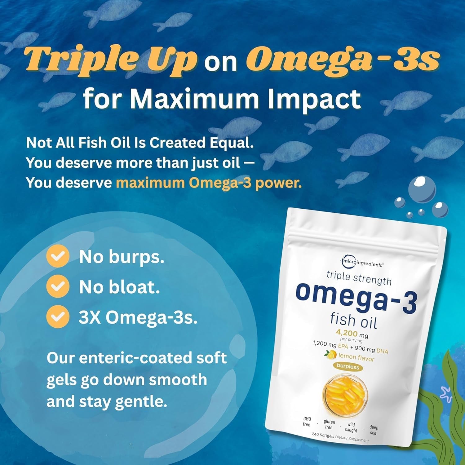 Micro Ingredients Triple Strength Omega 3 Fish Oil Supplements 4200Mg per Serving, 240 Softgels – Lemon Flavored – Burpless | EPA 1200Mg + DHA 900Mg | Deep Sea Fish
