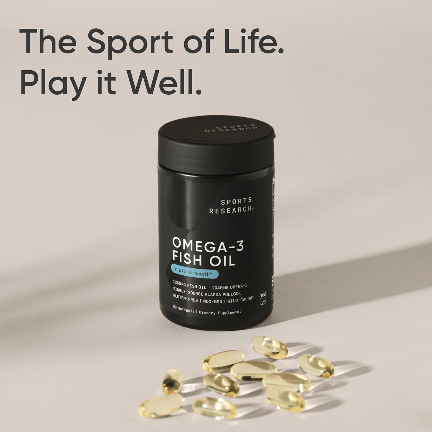 Sports Research® Omega-3 Fish Oil 1250 - Triple Strength Fish Oil Supplement from Wild Alaska Pollock - MSC Certified Sustainable · Non-Gmo · Soy Free - 90 Softgel Capsules